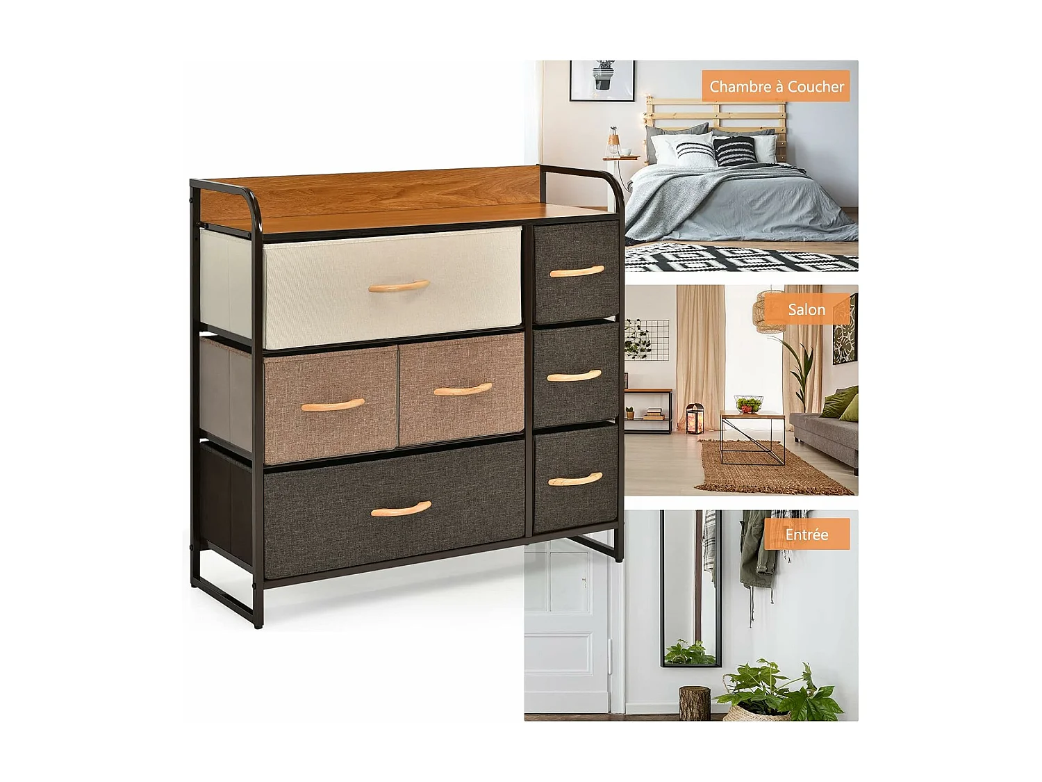 Commode à 7 Tiroirs en Tissu, Poignée en Bois et Cadre en Acier, Meuble de Rangement 80 x 29 x 79 cm (L x l x H ) Structure en Acier Robuste, Kit Anti-basculement Inclus