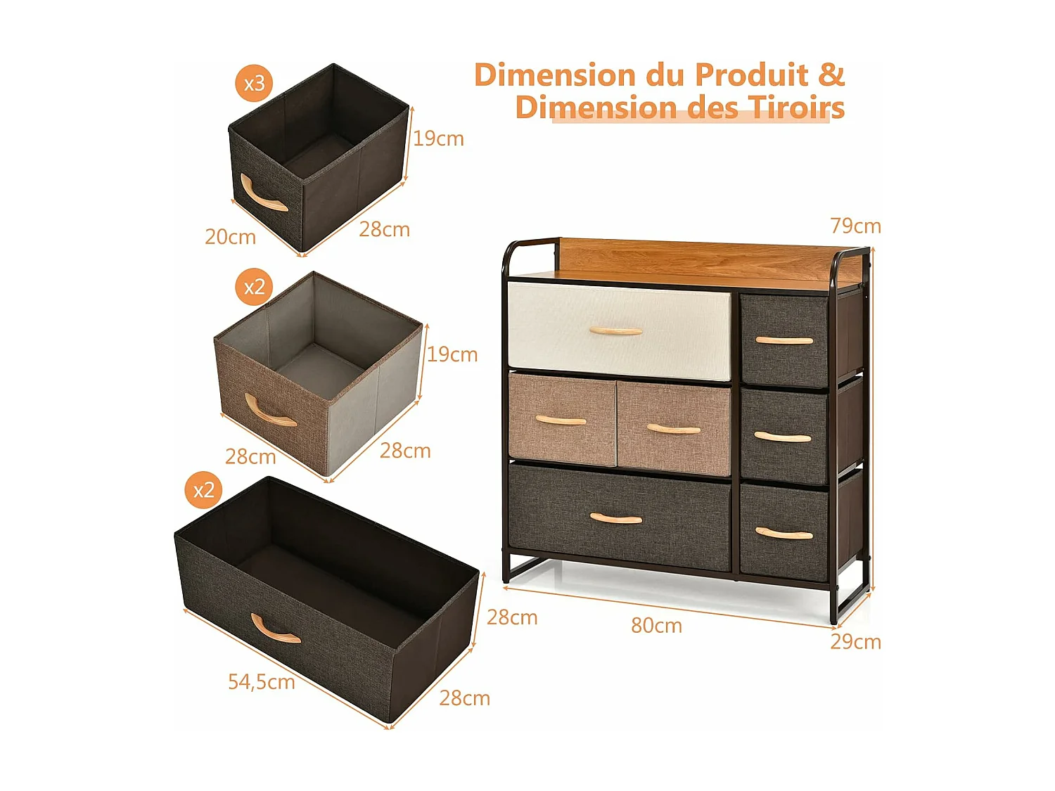 Commode à 7 Tiroirs en Tissu, Poignée en Bois et Cadre en Acier, Meuble de Rangement 80 x 29 x 79 cm (L x l x H ) Structure en Acier Robuste, Kit Anti-basculement Inclus