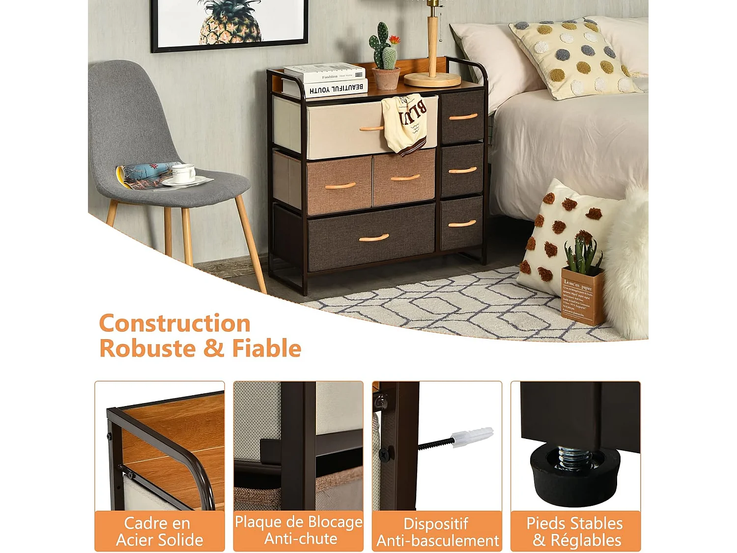 Commode à 7 Tiroirs en Tissu, Poignée en Bois et Cadre en Acier, Meuble de Rangement 80 x 29 x 79 cm (L x l x H ) Structure en Acier Robuste, Kit Anti-basculement Inclus