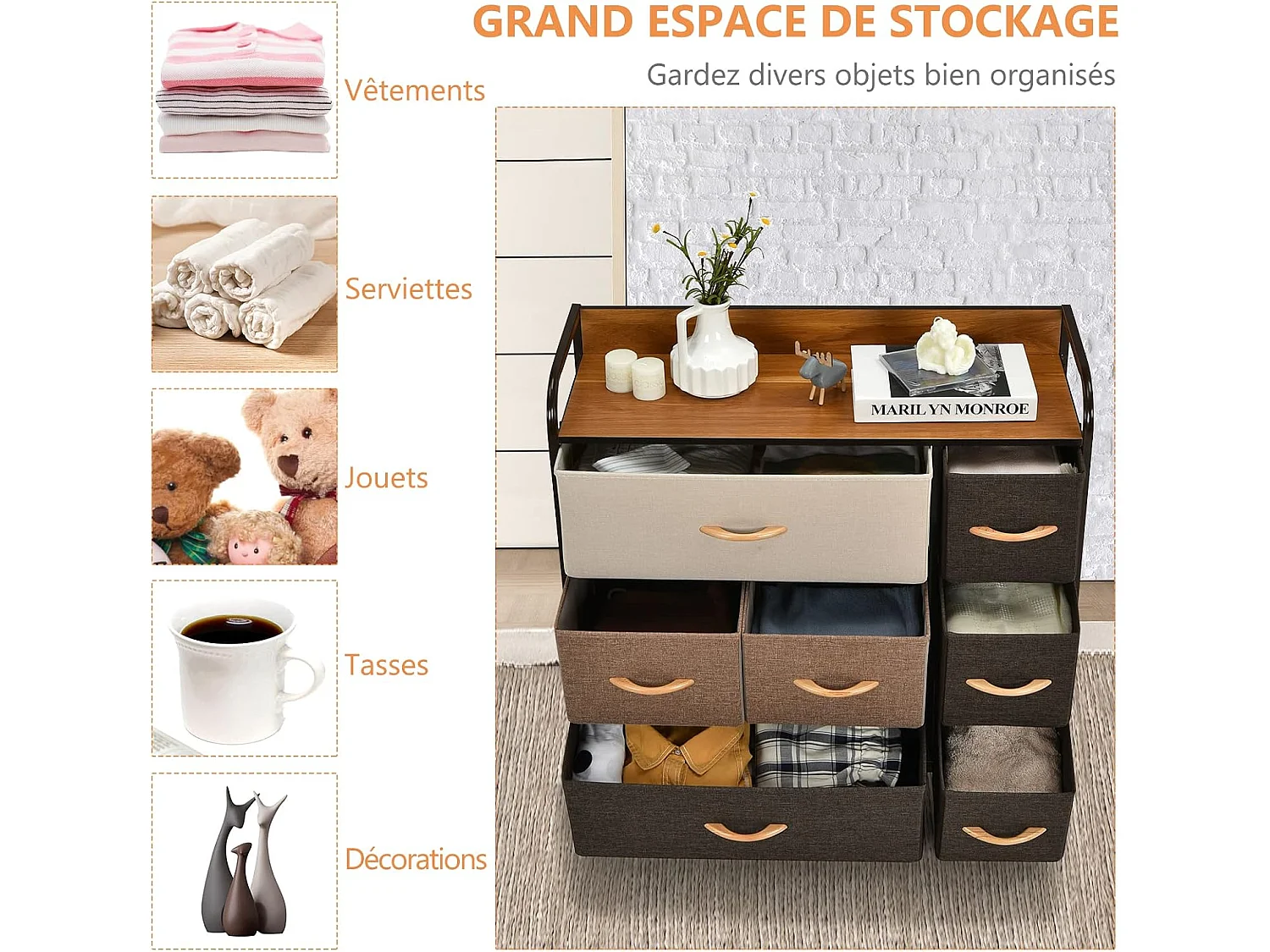 Commode à 7 Tiroirs en Tissu, Poignée en Bois et Cadre en Acier, Meuble de Rangement 80 x 29 x 79 cm (L x l x H ) Structure en Acier Robuste, Kit Anti-basculement Inclus