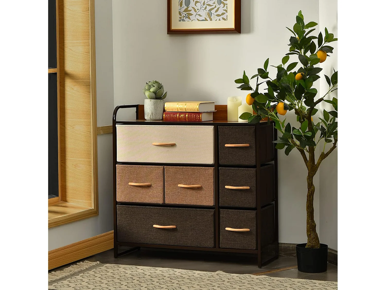 Commode à 7 Tiroirs en Tissu, Poignée en Bois et Cadre en Acier, Meuble de Rangement 80 x 29 x 79 cm (L x l x H ) Structure en Acier Robuste, Kit Anti-basculement Inclus