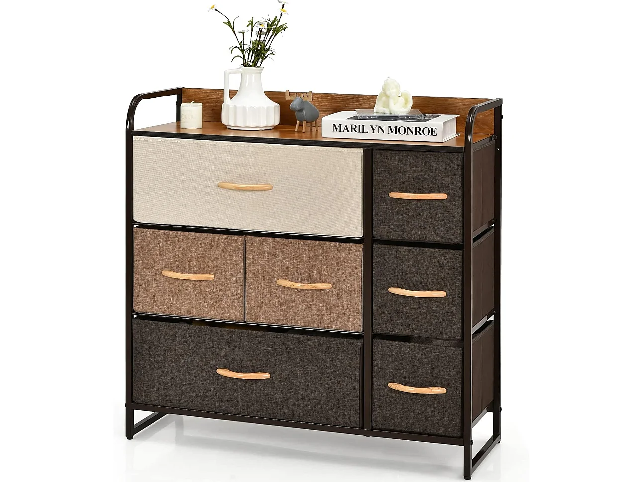 Commode à 7 Tiroirs en Tissu, Poignée en Bois et Cadre en Acier, Meuble de Rangement 80 x 29 x 79 cm (L x l x H ) Structure en Acier Robuste, Kit Anti-basculement Inclus