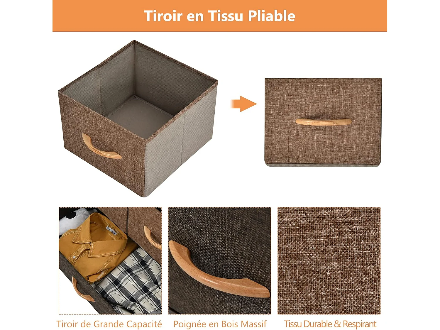 Commode à 7 Tiroirs en Tissu, Poignée en Bois et Cadre en Acier, Meuble de Rangement 80 x 29 x 79 cm (L x l x H ) Structure en Acier Robuste, Kit Anti-basculement Inclus