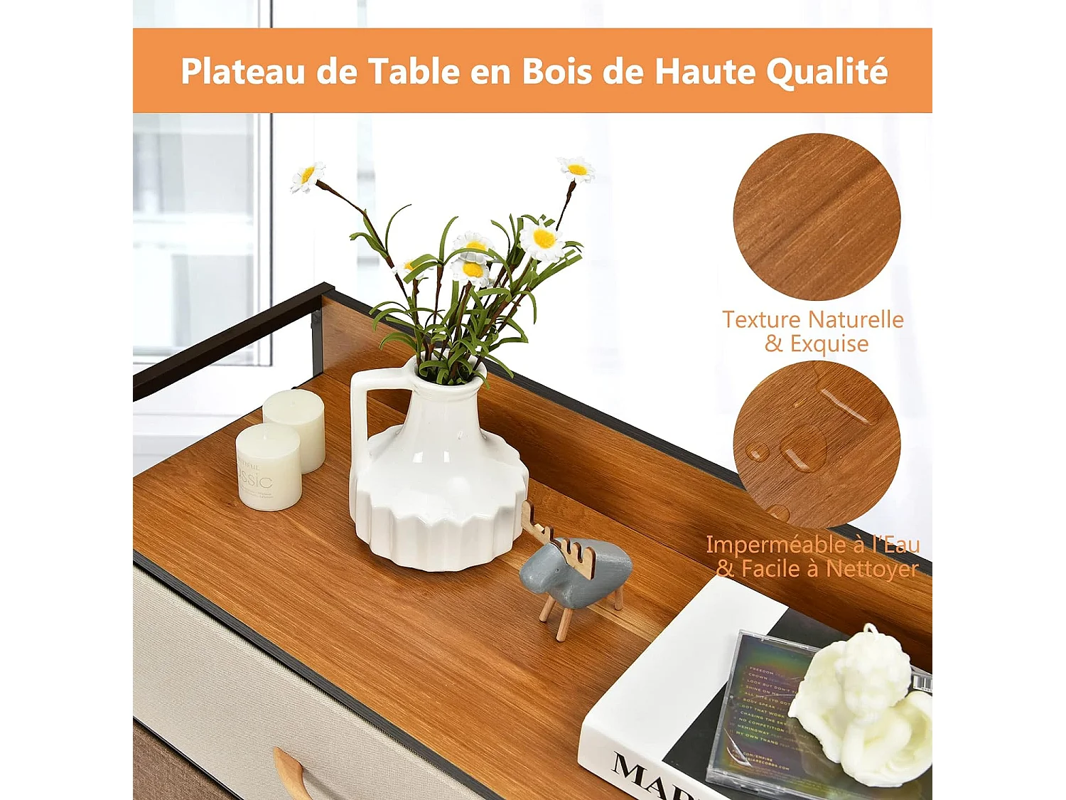 Commode à 7 Tiroirs en Tissu, Poignée en Bois et Cadre en Acier, Meuble de Rangement 80 x 29 x 79 cm (L x l x H ) Structure en Acier Robuste, Kit Anti-basculement Inclus