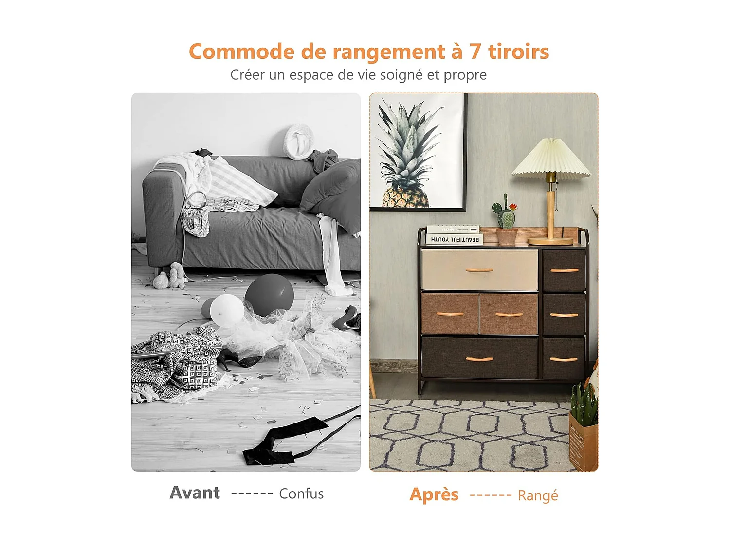 Commode à 7 Tiroirs en Tissu, Poignée en Bois et Cadre en Acier, Meuble de Rangement 80 x 29 x 79 cm (L x l x H ) Structure en Acier Robuste, Kit Anti-basculement Inclus