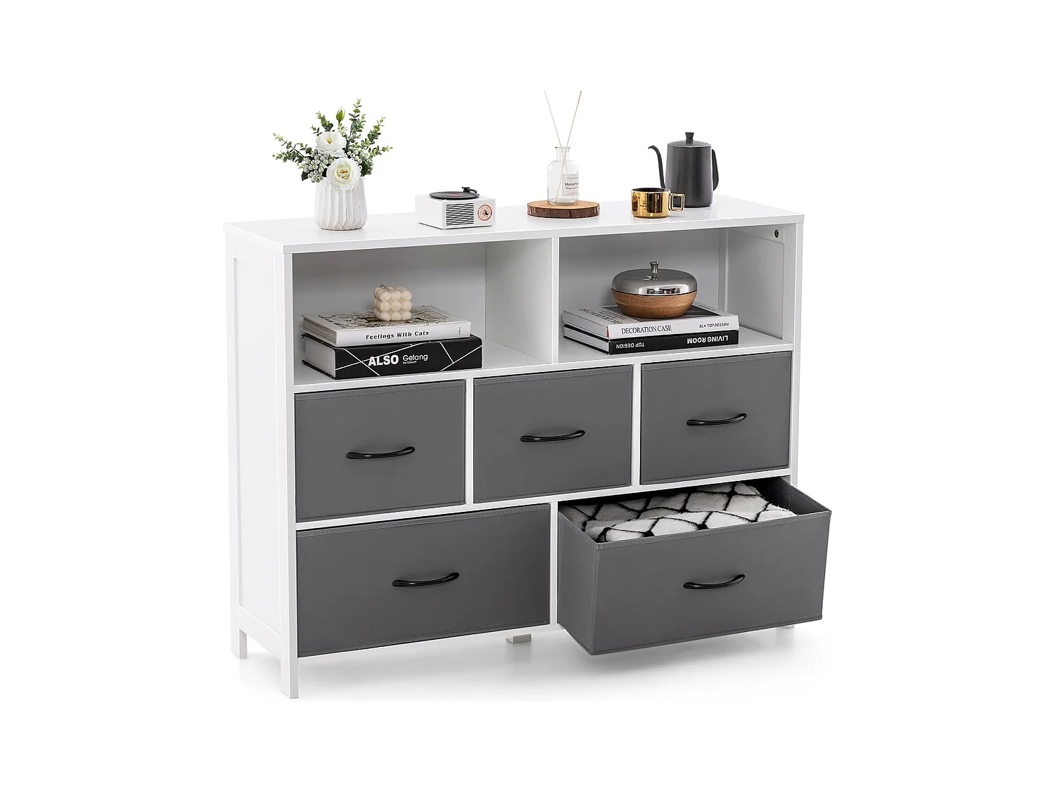 Commode Rangement 5 Tiroirs, Chiffonnier avec 2 Grands Compartiments, Tiroirs en Tissu Pliables, Commode Blanche pour Chambre, Salon, 100 x 30 x 78 cm