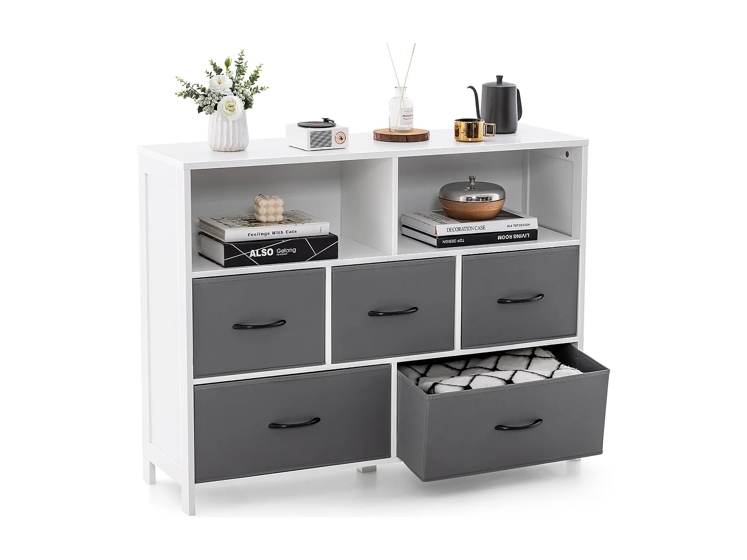 Commode Rangement 5 Tiroirs, Chiffonnier avec 2 Grands Compartiments, Tiroirs en Tissu Pliables, Commode Blanche pour Chambre, Salon, 100 x 30 x 78 cm