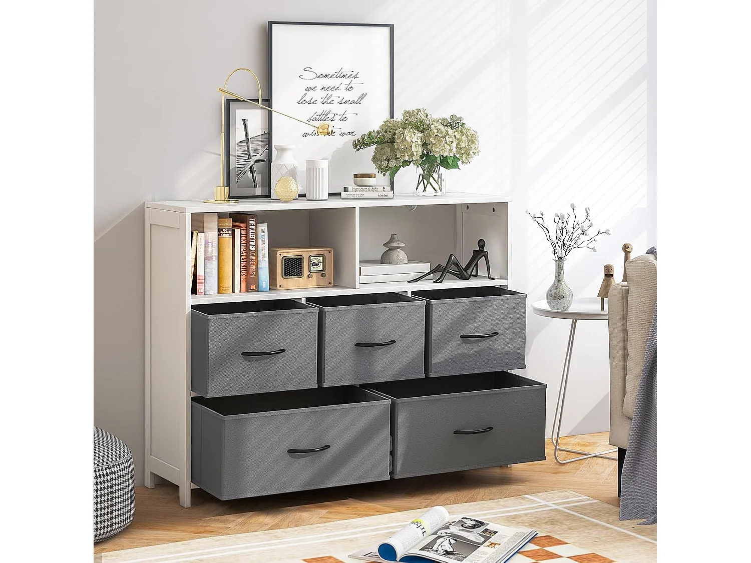 Commode Rangement 5 Tiroirs, Chiffonnier avec 2 Grands Compartiments, Tiroirs en Tissu Pliables, Commode Blanche pour Chambre, Salon, 100 x 30 x 78 cm