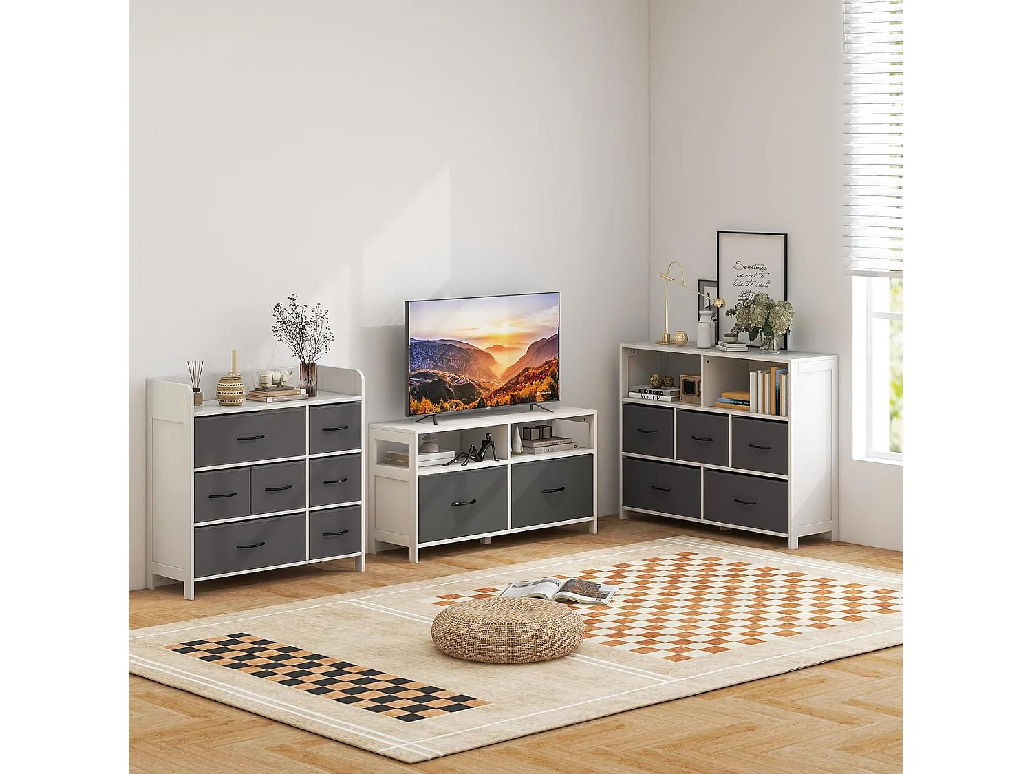 Commode Rangement 5 Tiroirs, Chiffonnier avec 2 Grands Compartiments, Tiroirs en Tissu Pliables, Commode Blanche pour Chambre, Salon, 100 x 30 x 78 cm