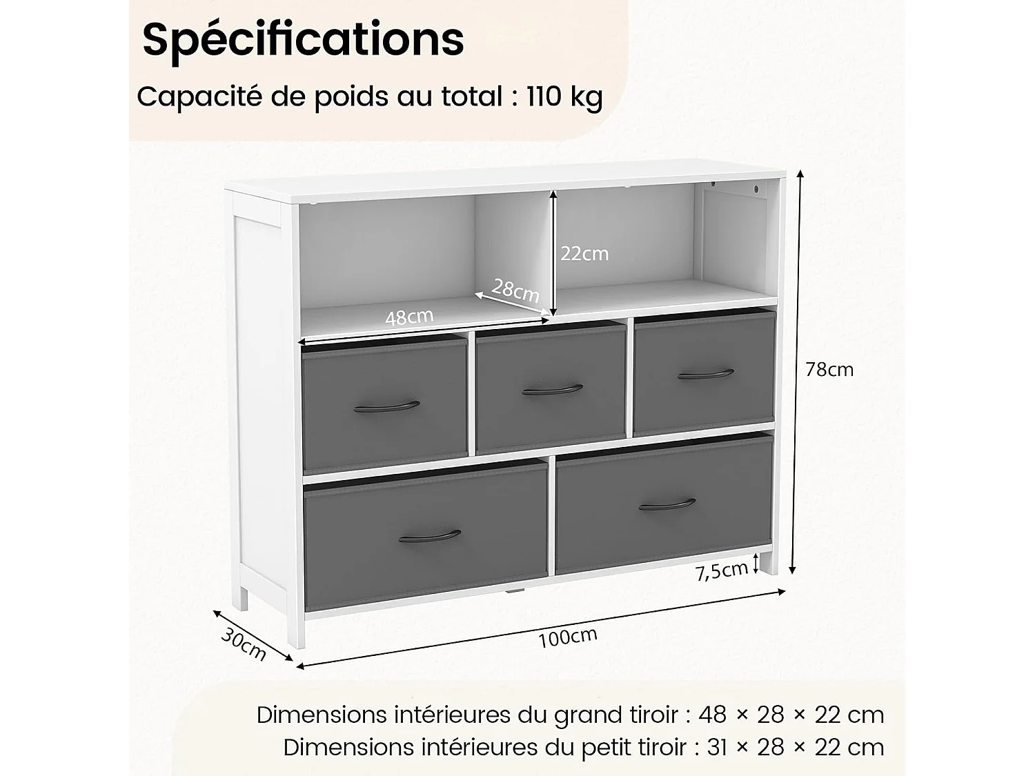 Commode Rangement 5 Tiroirs, Chiffonnier avec 2 Grands Compartiments, Tiroirs en Tissu Pliables, Commode Blanche pour Chambre, Salon, 100 x 30 x 78 cm