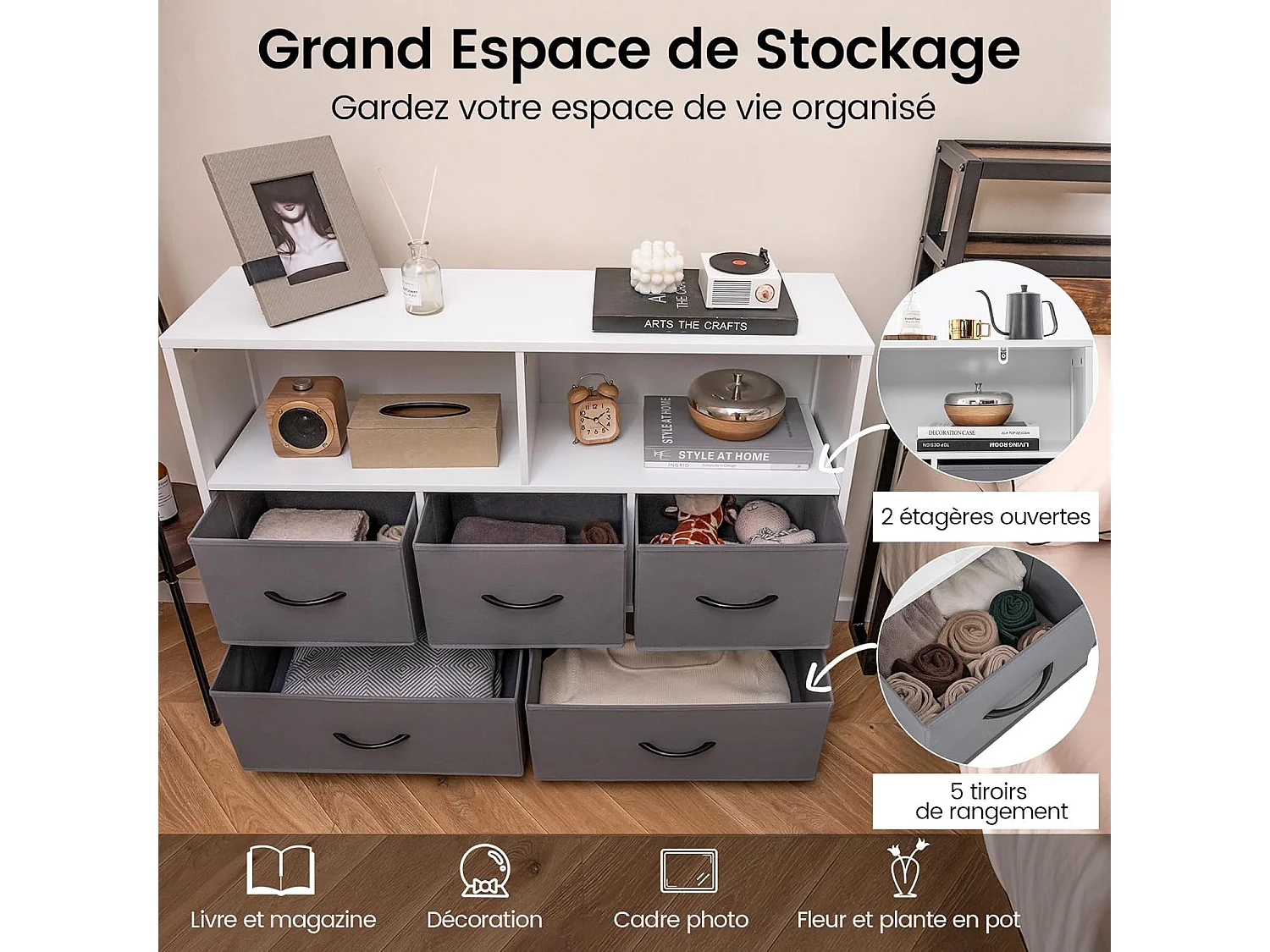 Commode Rangement 5 Tiroirs, Chiffonnier avec 2 Grands Compartiments, Tiroirs en Tissu Pliables, Commode Blanche pour Chambre, Salon, 100 x 30 x 78 cm