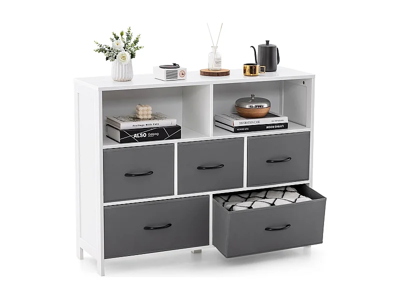 Commode Rangement 5 Tiroirs, Chiffonnier avec 2 Grands Compartiments, Tiroirs en Tissu Pliables, Commode Blanche pour Chambre, Salon, 100 x 30 x 78 cm