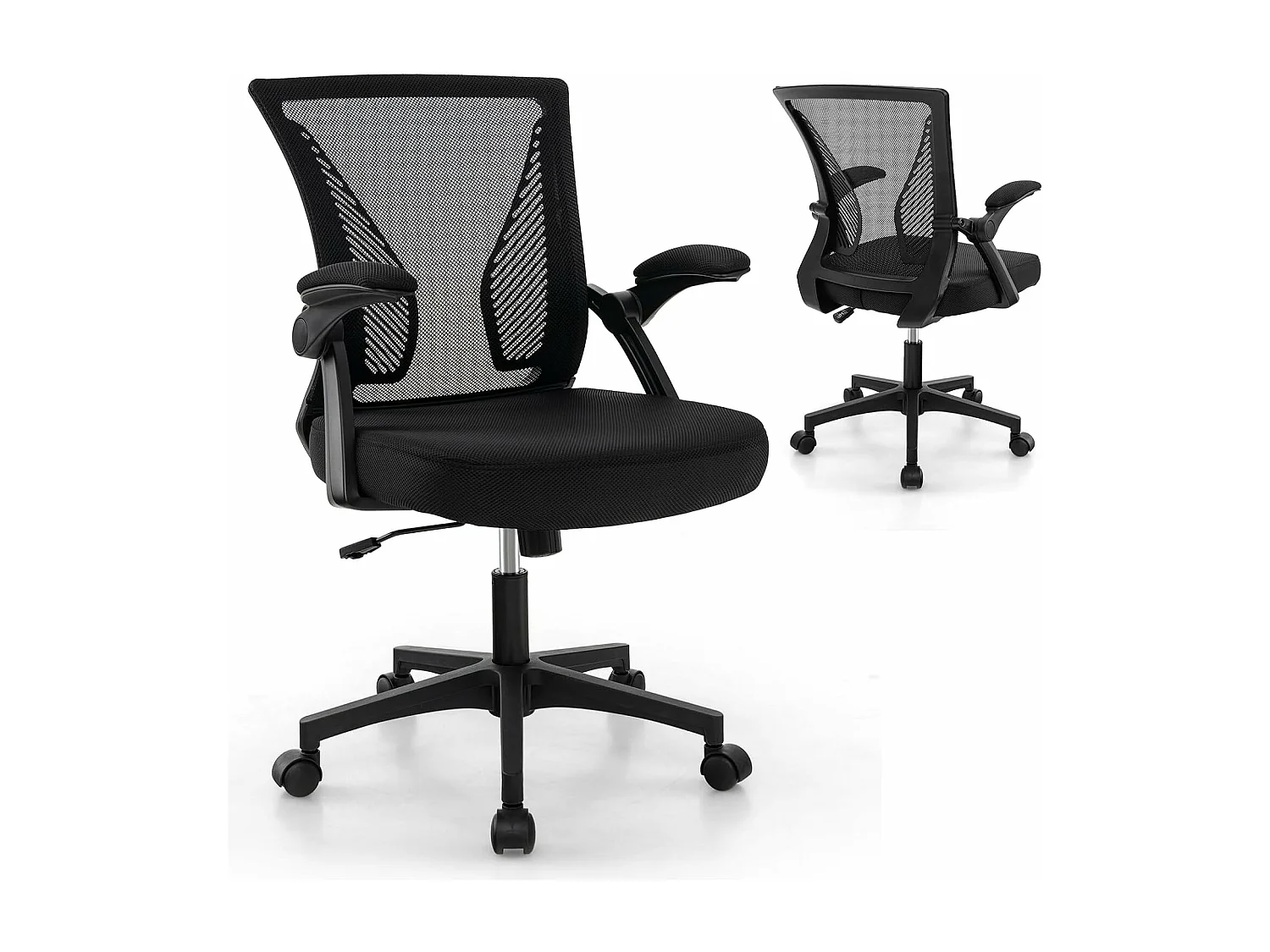 Chaises de Bureau Ergonomique, Chaises de Conférence Pivotante Réglable en Maille avec Accoudoirs Rabattables, Dossier à Bascule à 30°, Noir