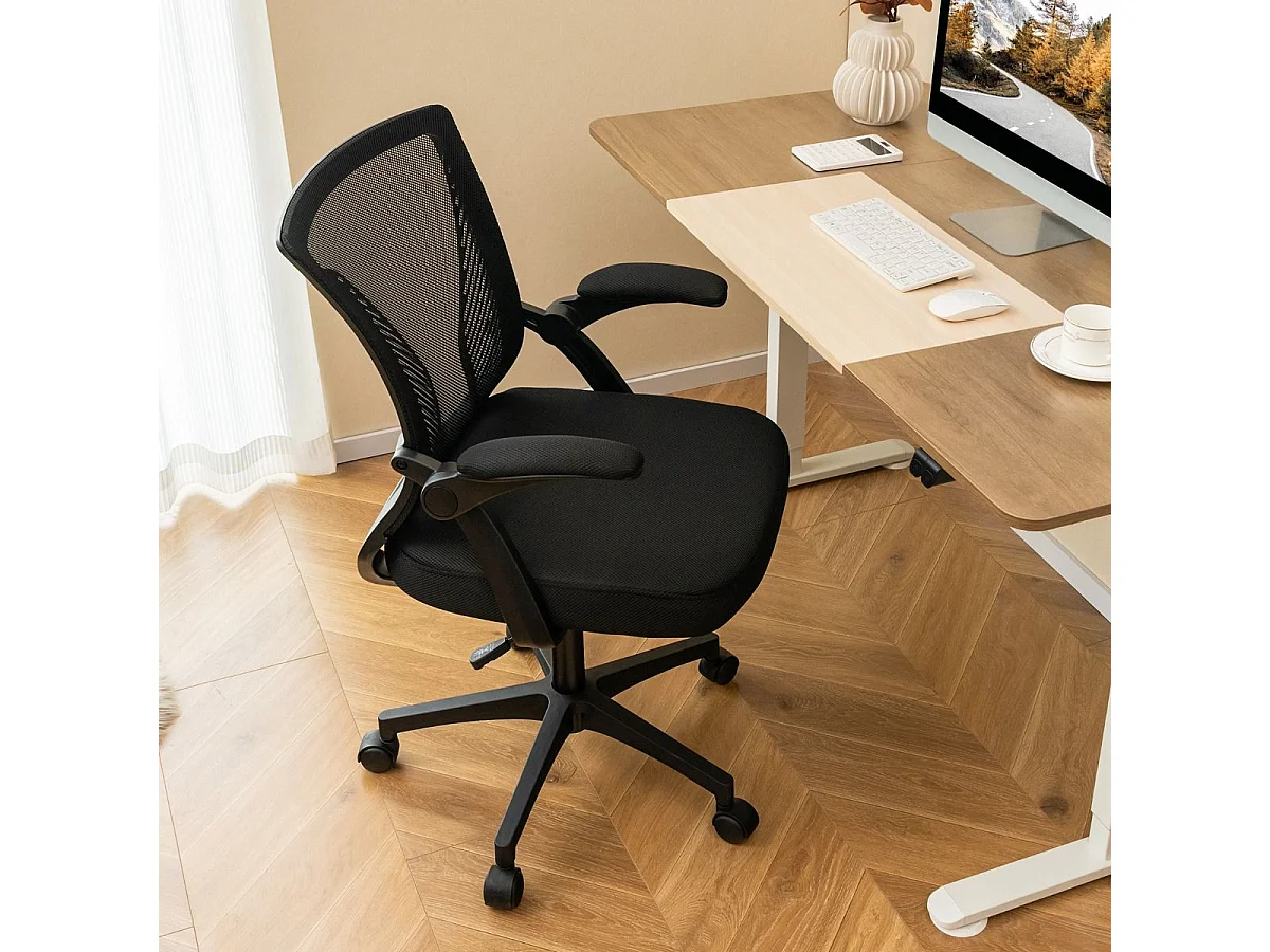 Chaises de Bureau Ergonomique, Chaises de Conférence Pivotante Réglable en Maille avec Accoudoirs Rabattables, Dossier à Bascule à 30°, Noir