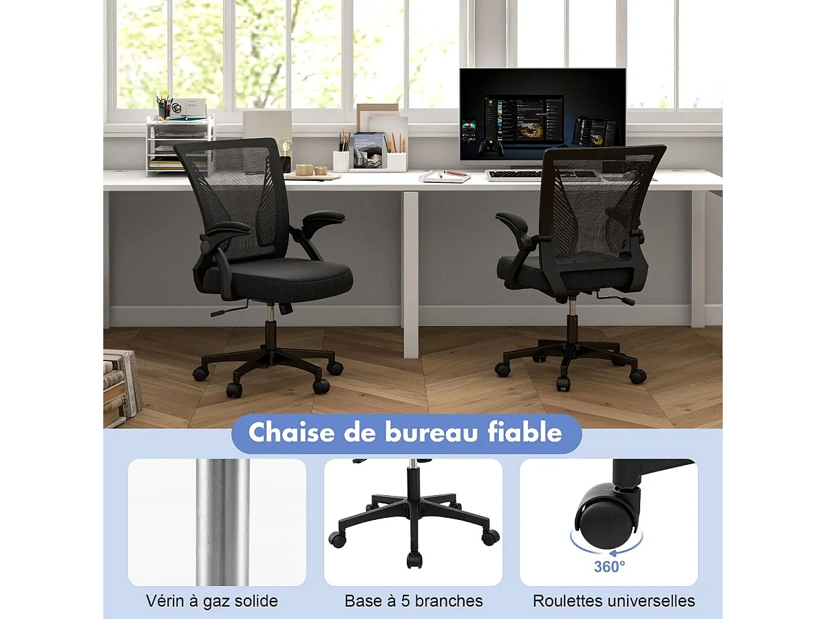 Chaises de Bureau Ergonomique, Chaises de Conférence Pivotante Réglable en Maille avec Accoudoirs Rabattables, Dossier à Bascule à 30°, Noir