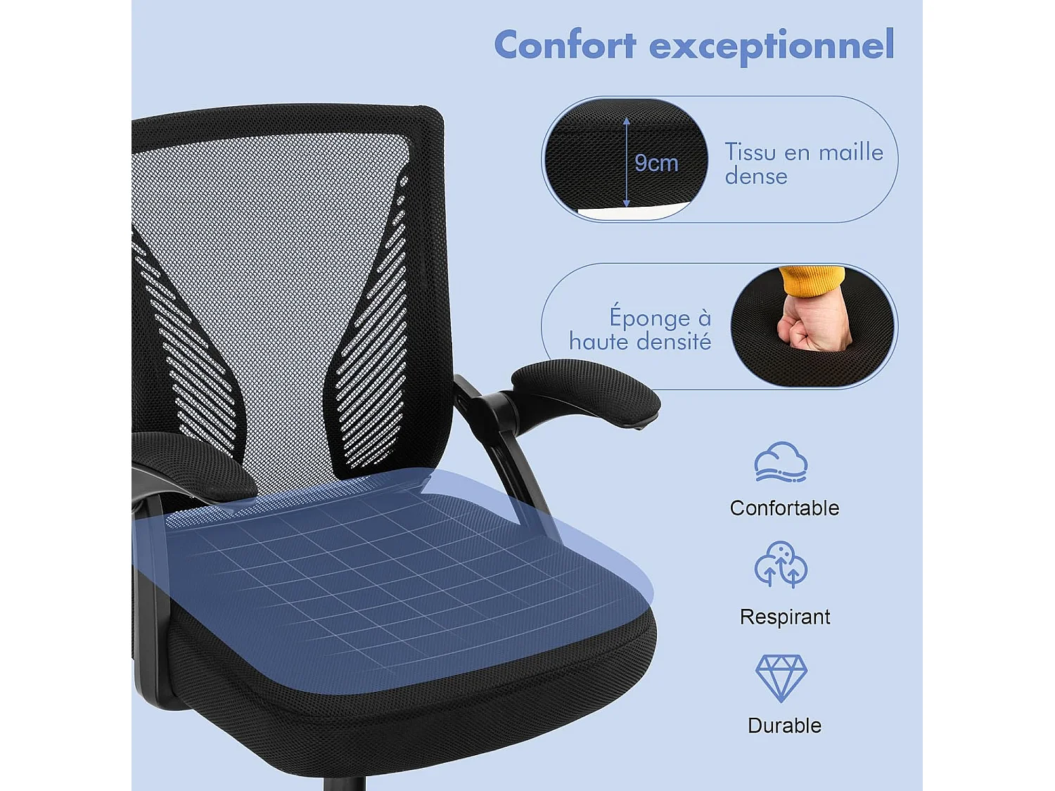 Chaises de Bureau Ergonomique, Chaises de Conférence Pivotante Réglable en Maille avec Accoudoirs Rabattables, Dossier à Bascule à 30°, Noir