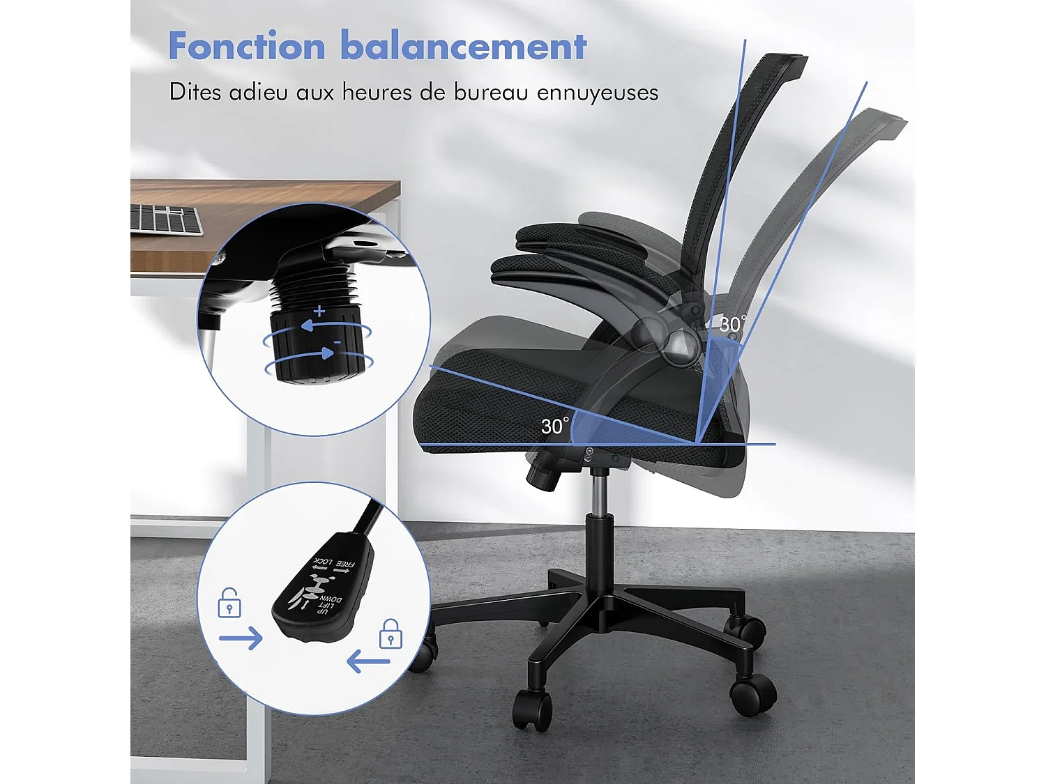 Chaises de Bureau Ergonomique, Chaises de Conférence Pivotante Réglable en Maille avec Accoudoirs Rabattables, Dossier à Bascule à 30°, Noir