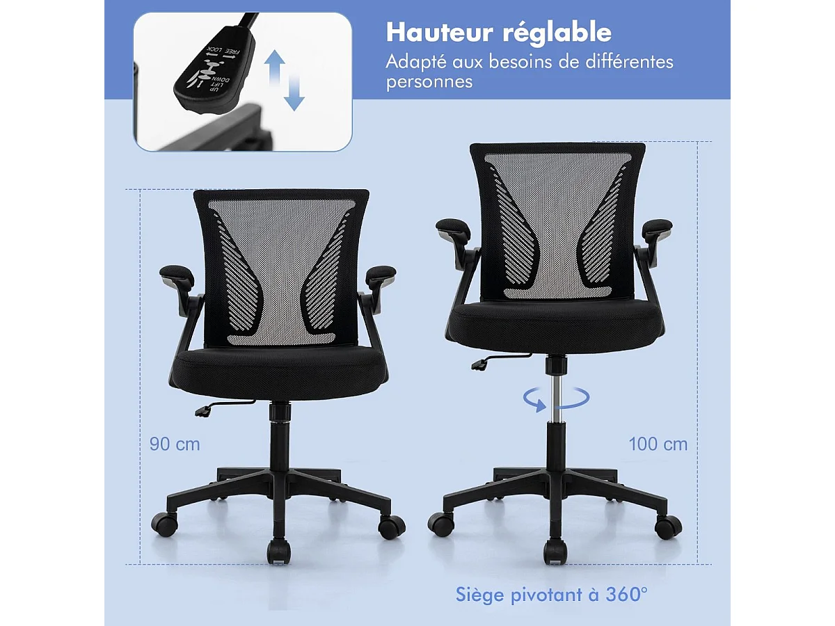 Chaises de Bureau Ergonomique, Chaises de Conférence Pivotante Réglable en Maille avec Accoudoirs Rabattables, Dossier à Bascule à 30°, Noir