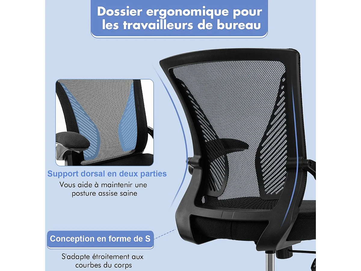 Chaises de Bureau Ergonomique, Chaises de Conférence Pivotante Réglable en Maille avec Accoudoirs Rabattables, Dossier à Bascule à 30°, Noir