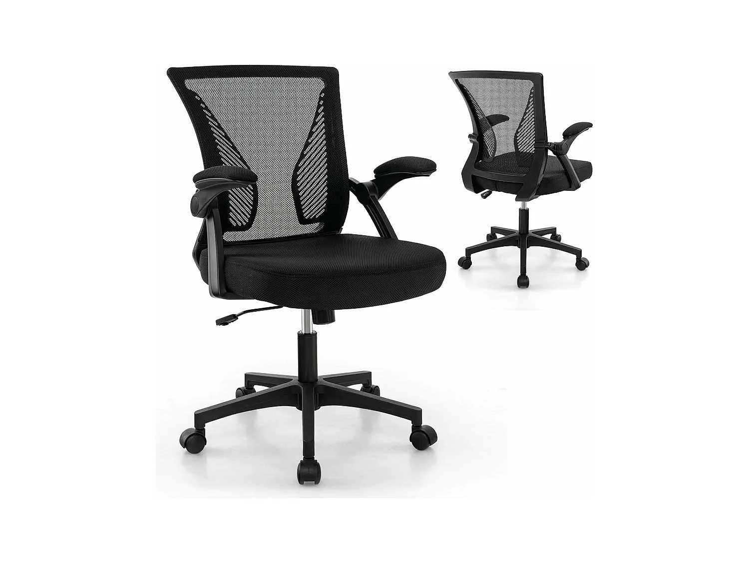 Chaises de Bureau Ergonomique, Chaises de Conférence Pivotante Réglable en Maille avec Accoudoirs Rabattables, Dossier à Bascule à 30°, Noir