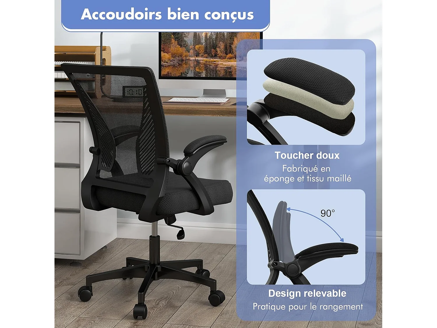 Chaises de Bureau Ergonomique, Chaises de Conférence Pivotante Réglable en Maille avec Accoudoirs Rabattables, Dossier à Bascule à 30°, Noir