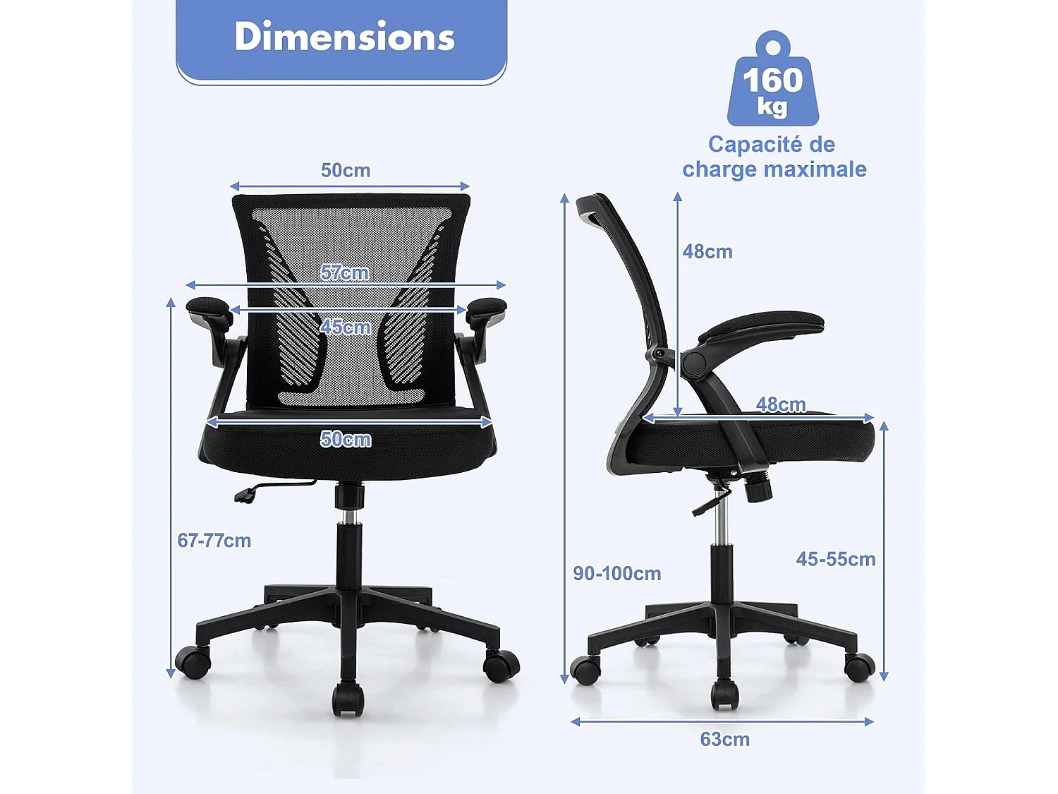 Chaises de Bureau Ergonomique, Chaises de Conférence Pivotante Réglable en Maille avec Accoudoirs Rabattables, Dossier à Bascule à 30°, Noir