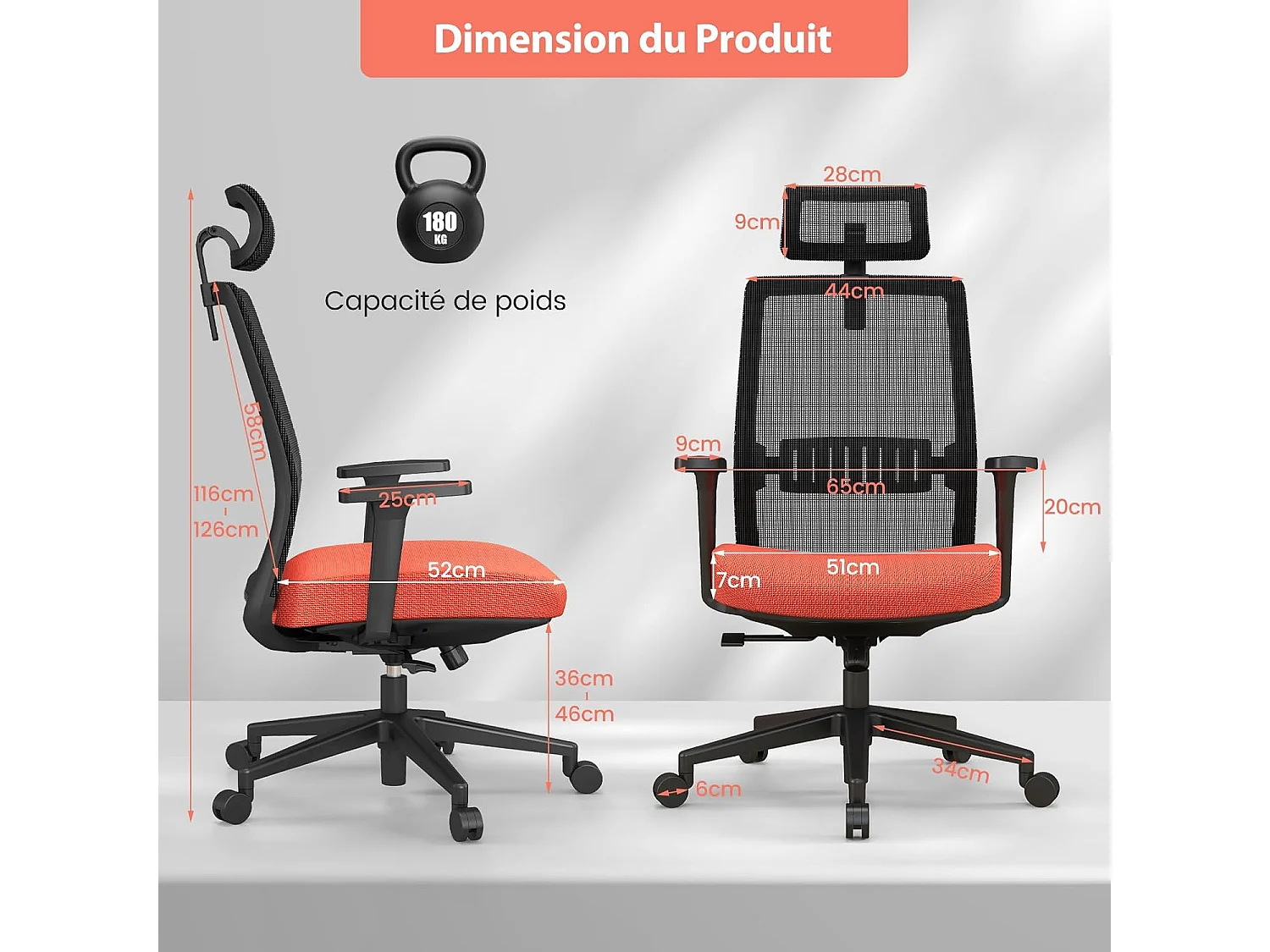 Chaise de Bureau Ergonomique, Réglable en Hauteur, Dossier Respirant, Soutien Lombaire, Appui-Tête 3D Confortable, pour Bureau, Étude, Salle de Conférence