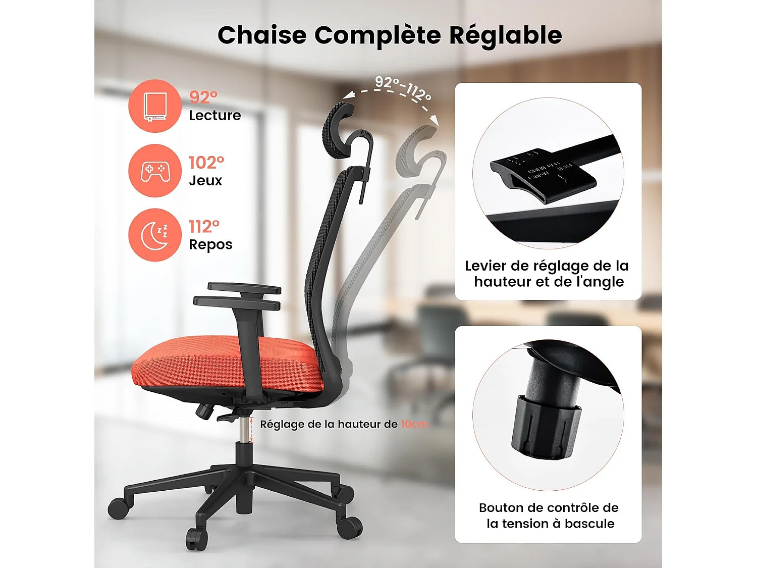 Chaise de Bureau Ergonomique, Réglable en Hauteur, Dossier Respirant, Soutien Lombaire, Appui-Tête 3D Confortable, pour Bureau, Étude, Salle de Conférence