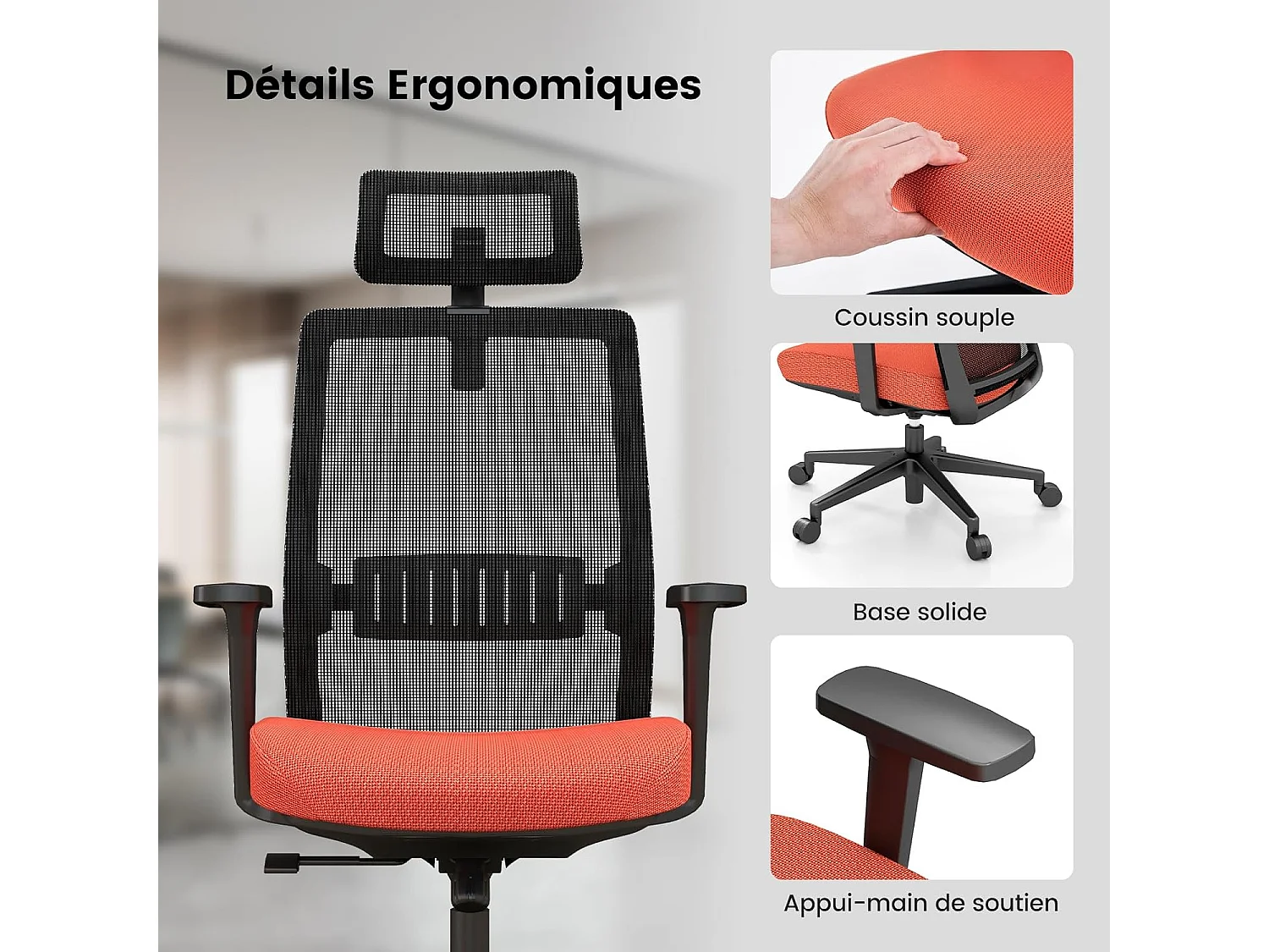 Chaise de Bureau Ergonomique, Réglable en Hauteur, Dossier Respirant, Soutien Lombaire, Appui-Tête 3D Confortable, pour Bureau, Étude, Salle de Conférence