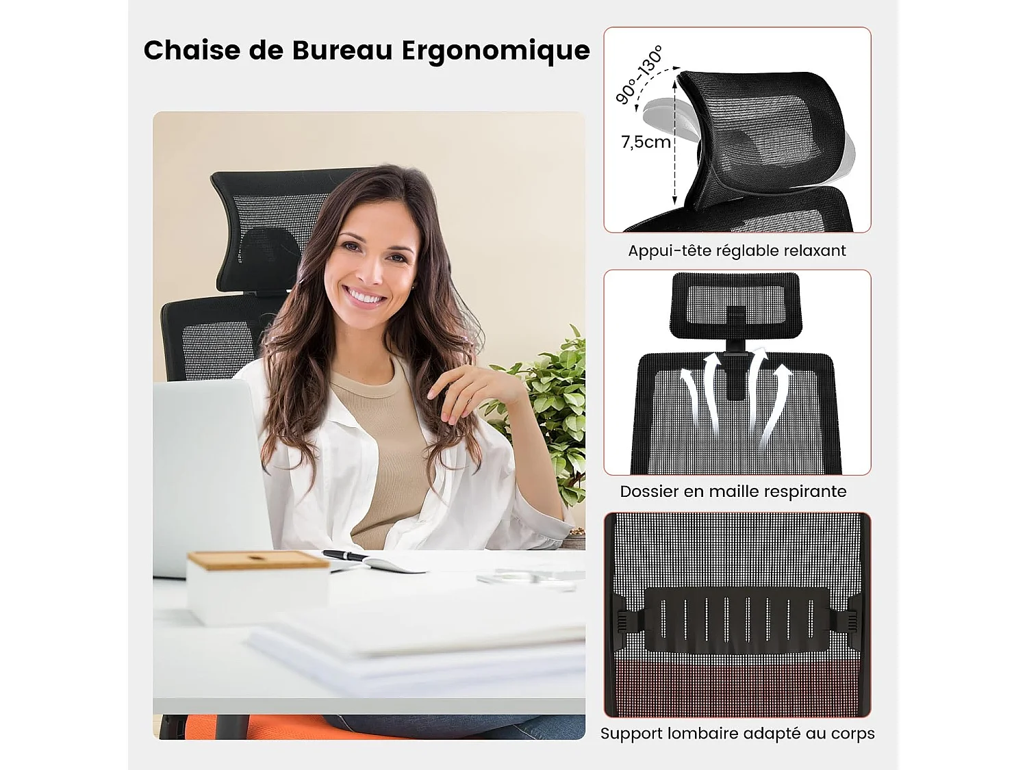 Chaise de Bureau Ergonomique, Réglable en Hauteur, Dossier Respirant, Soutien Lombaire, Appui-Tête 3D Confortable, pour Bureau, Étude, Salle de Conférence