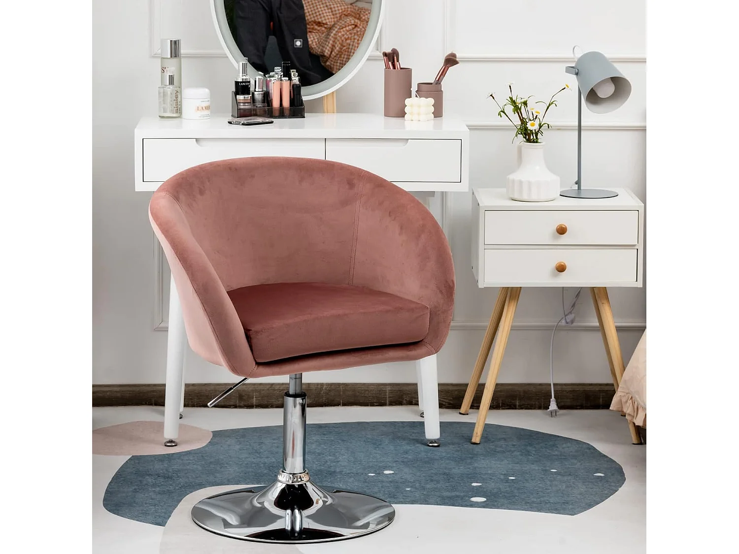 Chaise Pivotante en Velours, Fauteuil de Bureau réglable en Hauteur, Base Galvanisée Charge 125kg Rose
