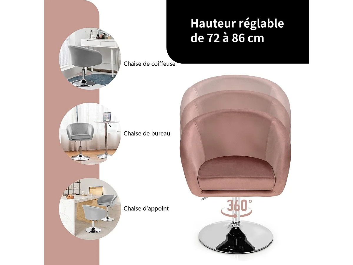 Chaise Pivotante en Velours, Fauteuil de Bureau réglable en Hauteur, Base Galvanisée Charge 125kg Rose