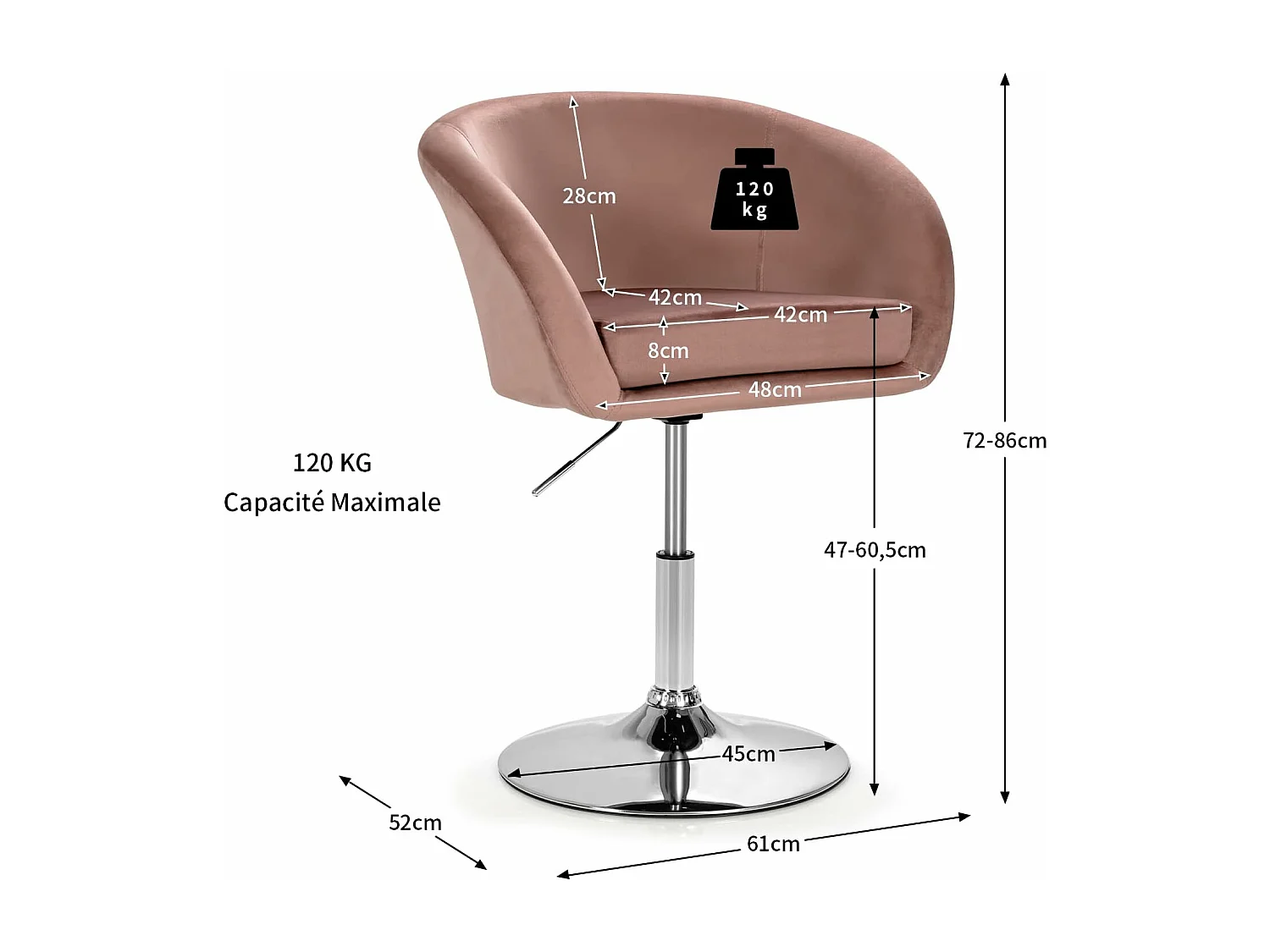Chaise Pivotante en Velours, Fauteuil de Bureau réglable en Hauteur, Base Galvanisée Charge 125kg Rose