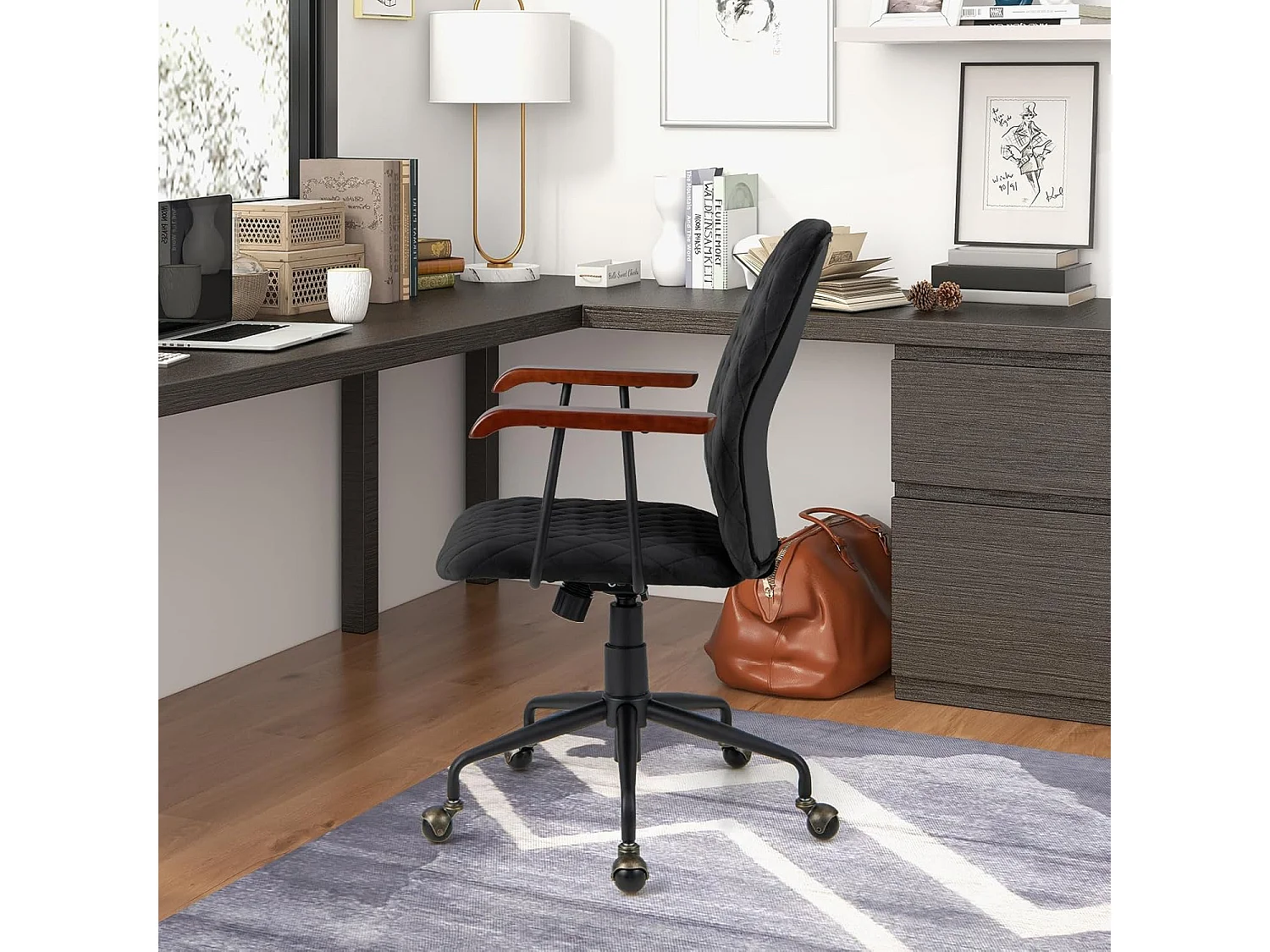 Fauteuil de Bureau à Roulette en Velours, Chaise Pivotante Réglable,Style Vintage Elégant,Accoudoirs en Bois de Caoutchouc (Noir)