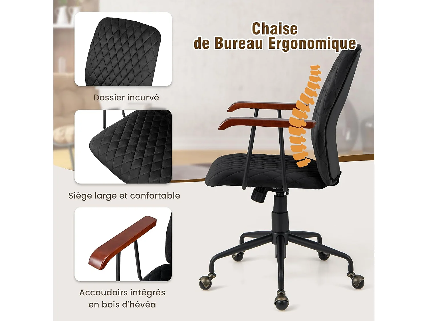 Fauteuil de Bureau à Roulette en Velours, Chaise Pivotante Réglable,Style Vintage Elégant,Accoudoirs en Bois de Caoutchouc (Noir)