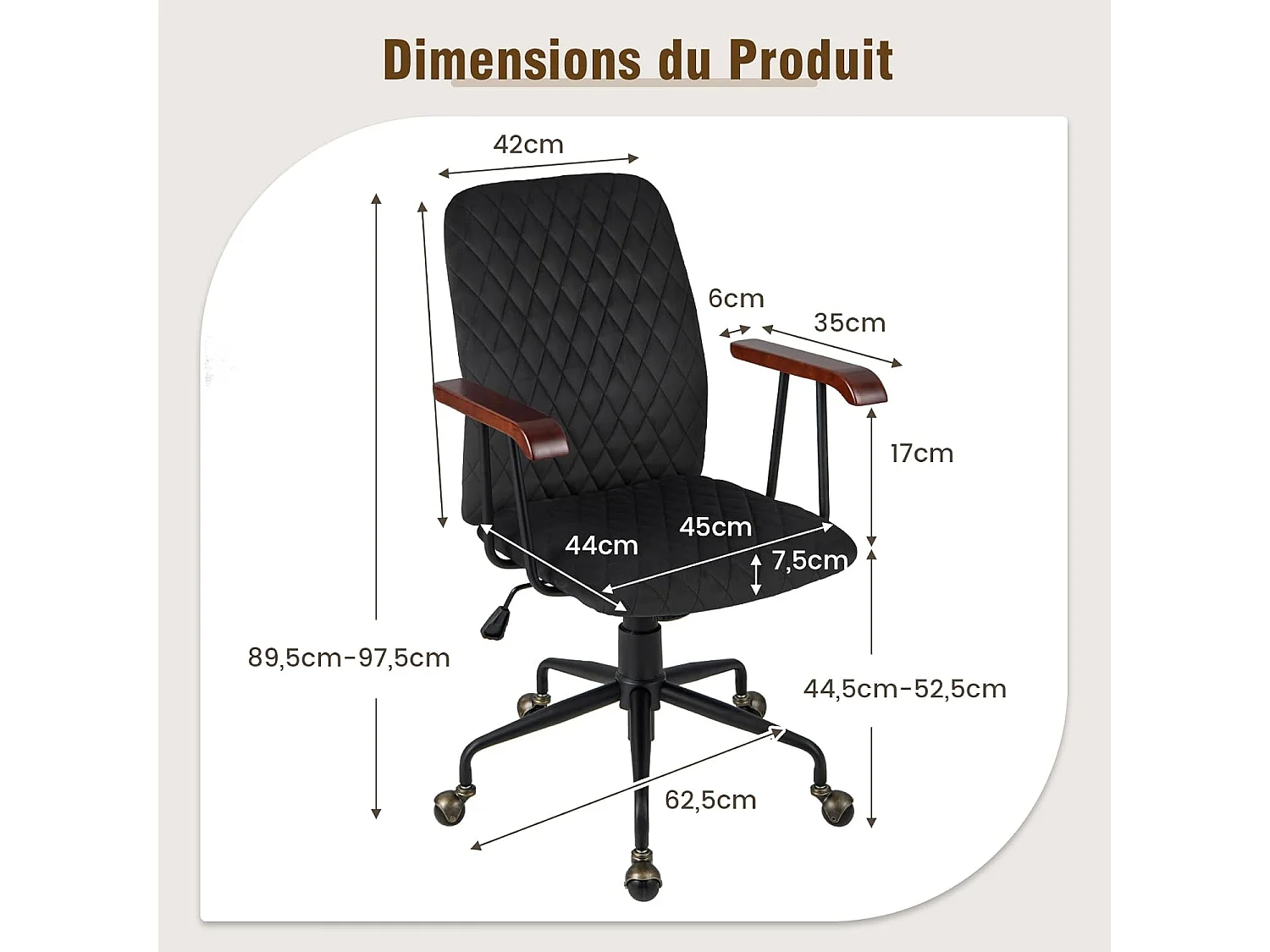 Fauteuil de Bureau à Roulette en Velours, Chaise Pivotante Réglable,Style Vintage Elégant,Accoudoirs en Bois de Caoutchouc (Noir)