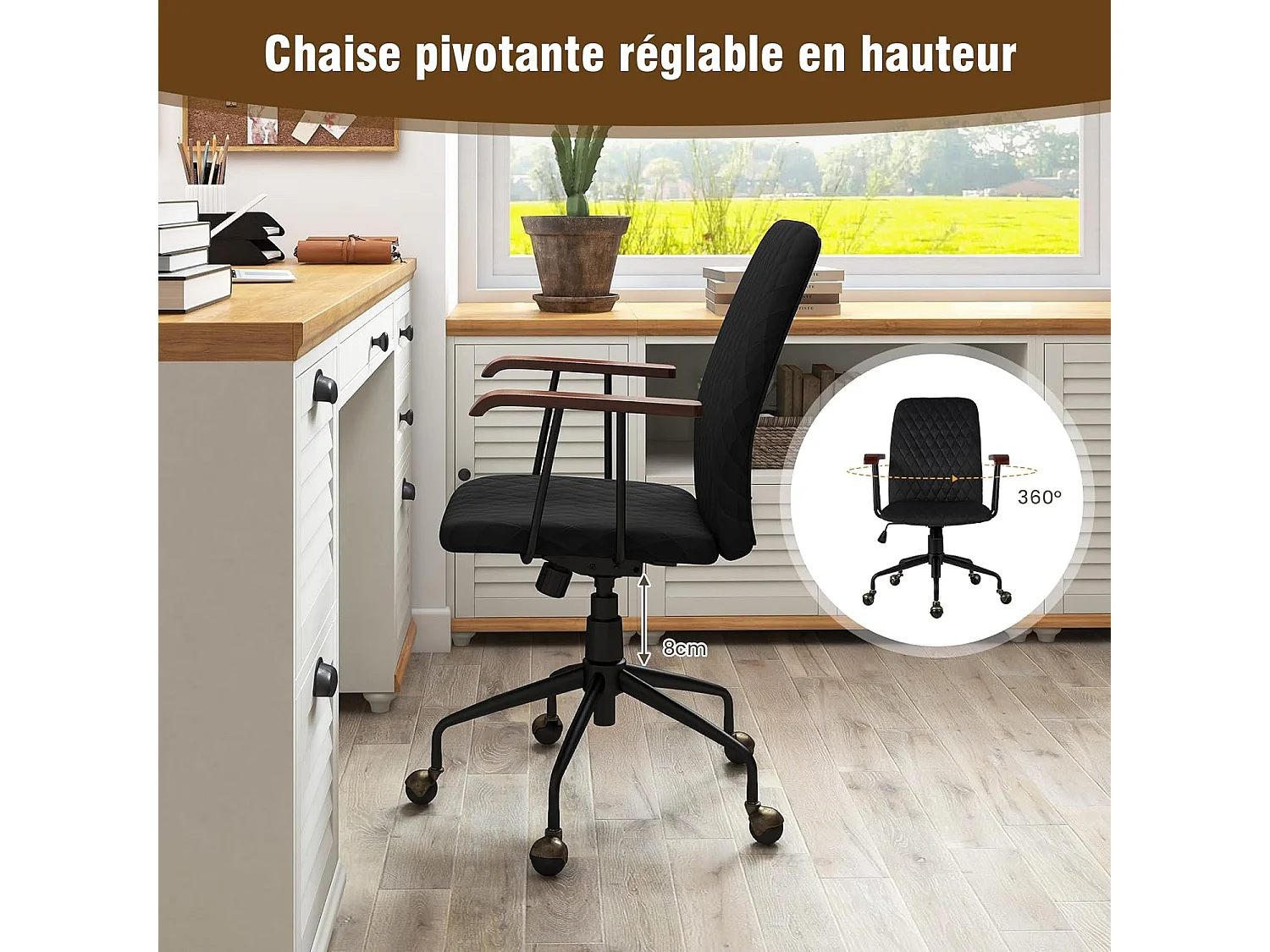 Fauteuil de Bureau à Roulette en Velours, Chaise Pivotante Réglable,Style Vintage Elégant,Accoudoirs en Bois de Caoutchouc (Noir)