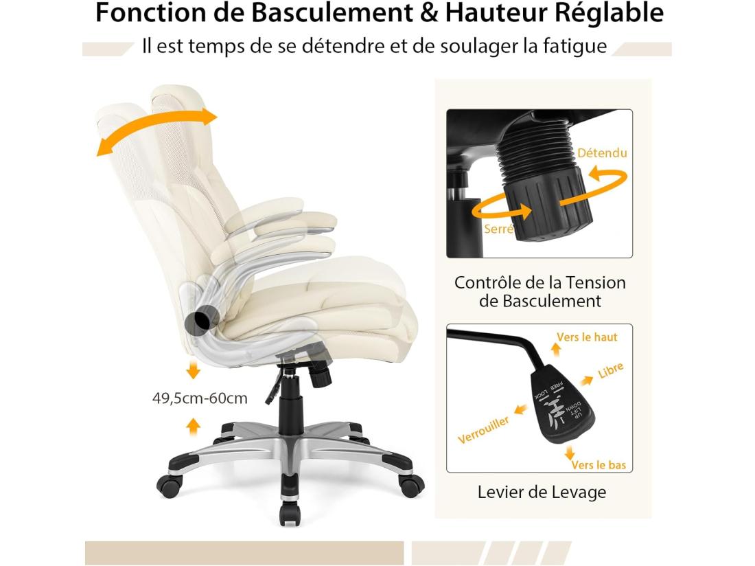 vente unique Fauteuil de Bureau Ergonomique Chaise de Bureau en Cuir PU à Bascule Hauteur Réglable Fauteuil de Gamer Chaise de Travail Pivotant Charge Maximale 160 kg Blanc