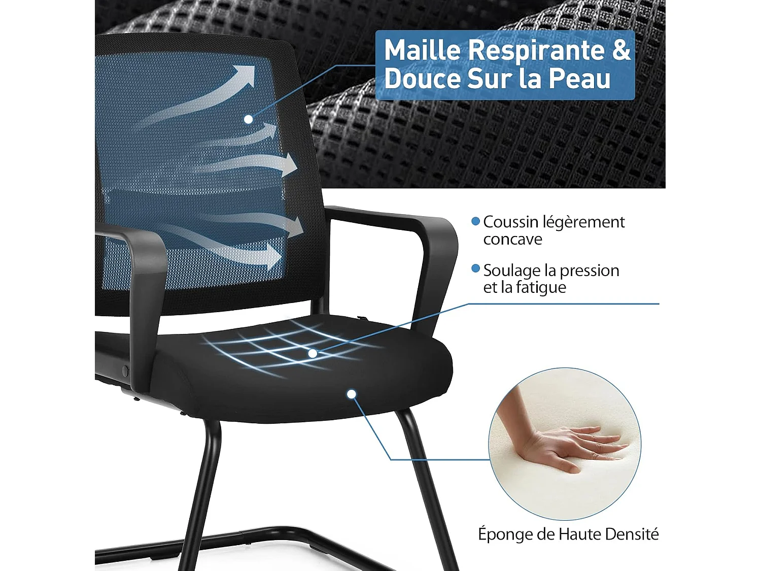 Chaise de Conférence Lot de 2, Chaise Ergonomique en Maille à Dossier Moyen avec Siège Rembourré, Charge Max 136 kg