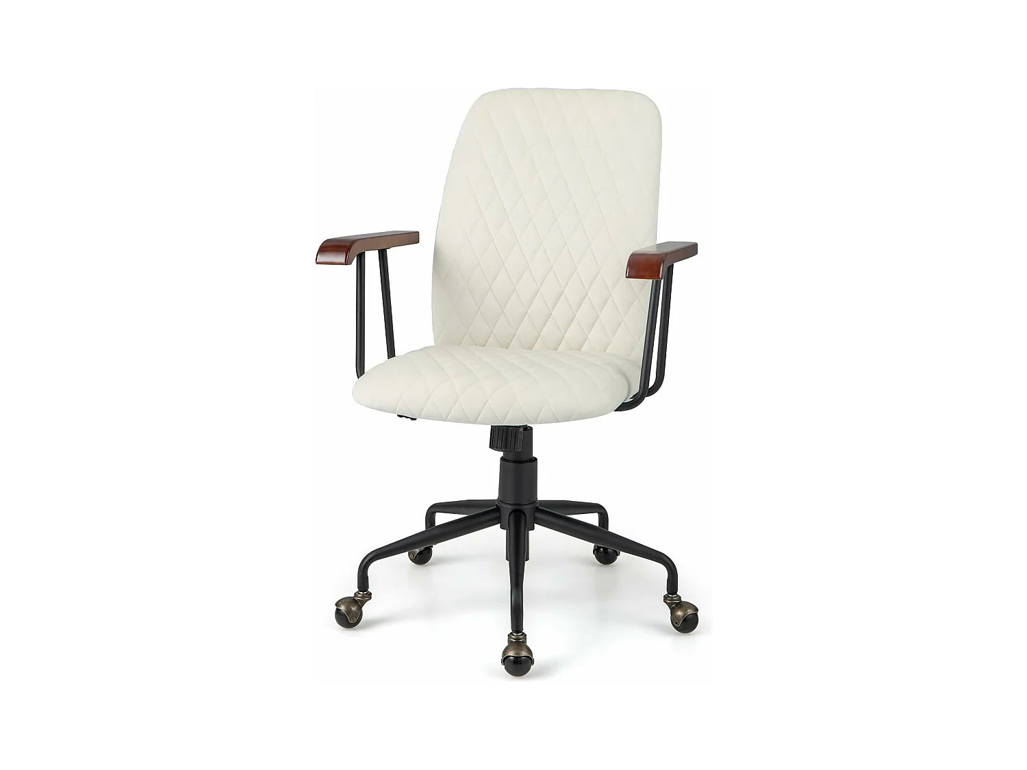 Fluwelen bureaustoel met wielen, verstelbare draaistoel, elegante vintage stijl, armleuningen van rubberhout (beige)