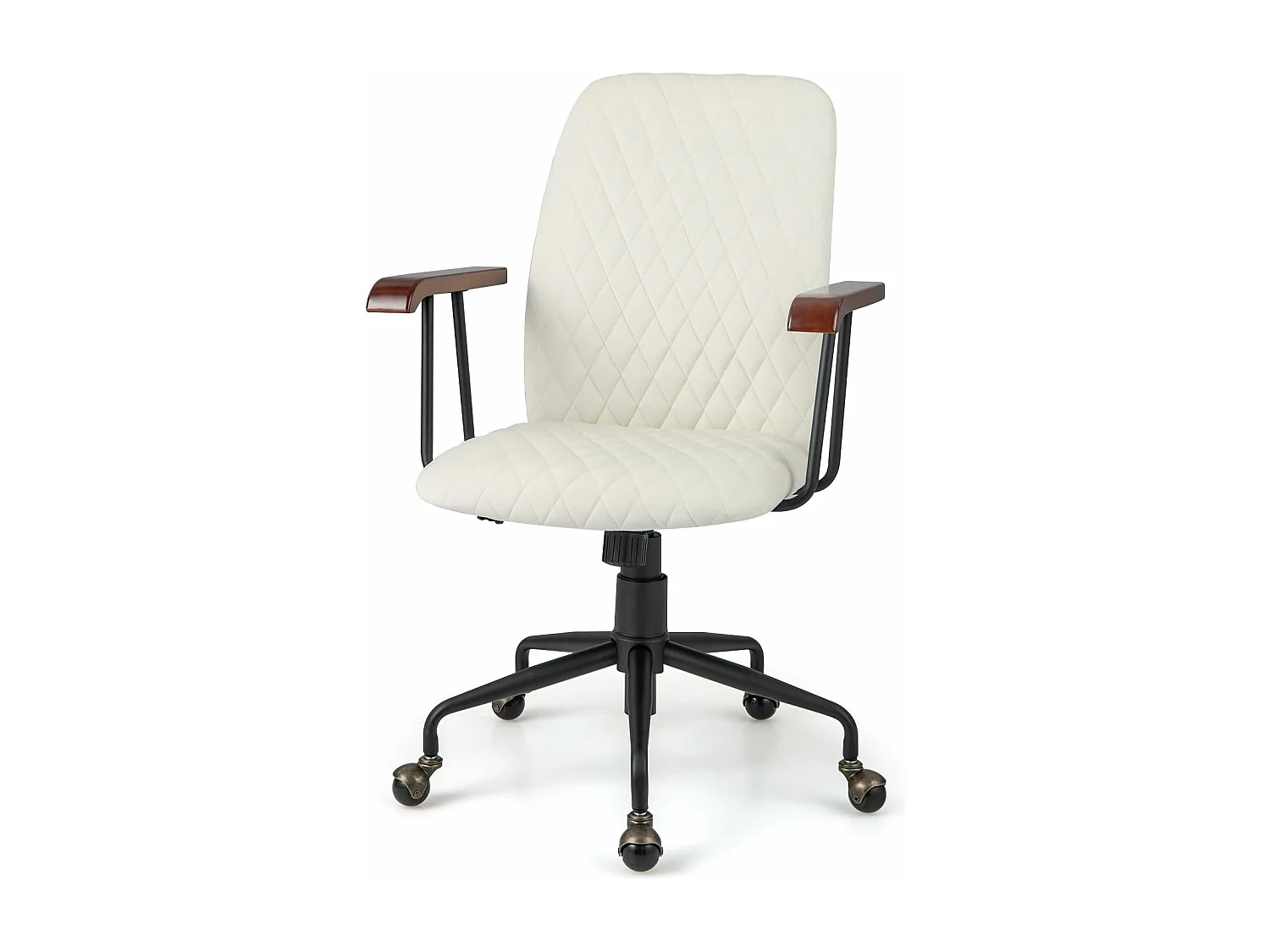 Fluwelen bureaustoel met wielen, verstelbare draaistoel, elegante vintage stijl, armleuningen van rubberhout (beige)