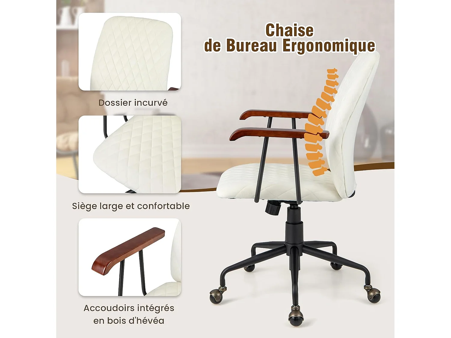 Fluwelen bureaustoel met wielen, verstelbare draaistoel, elegante vintage stijl, armleuningen van rubberhout (beige)