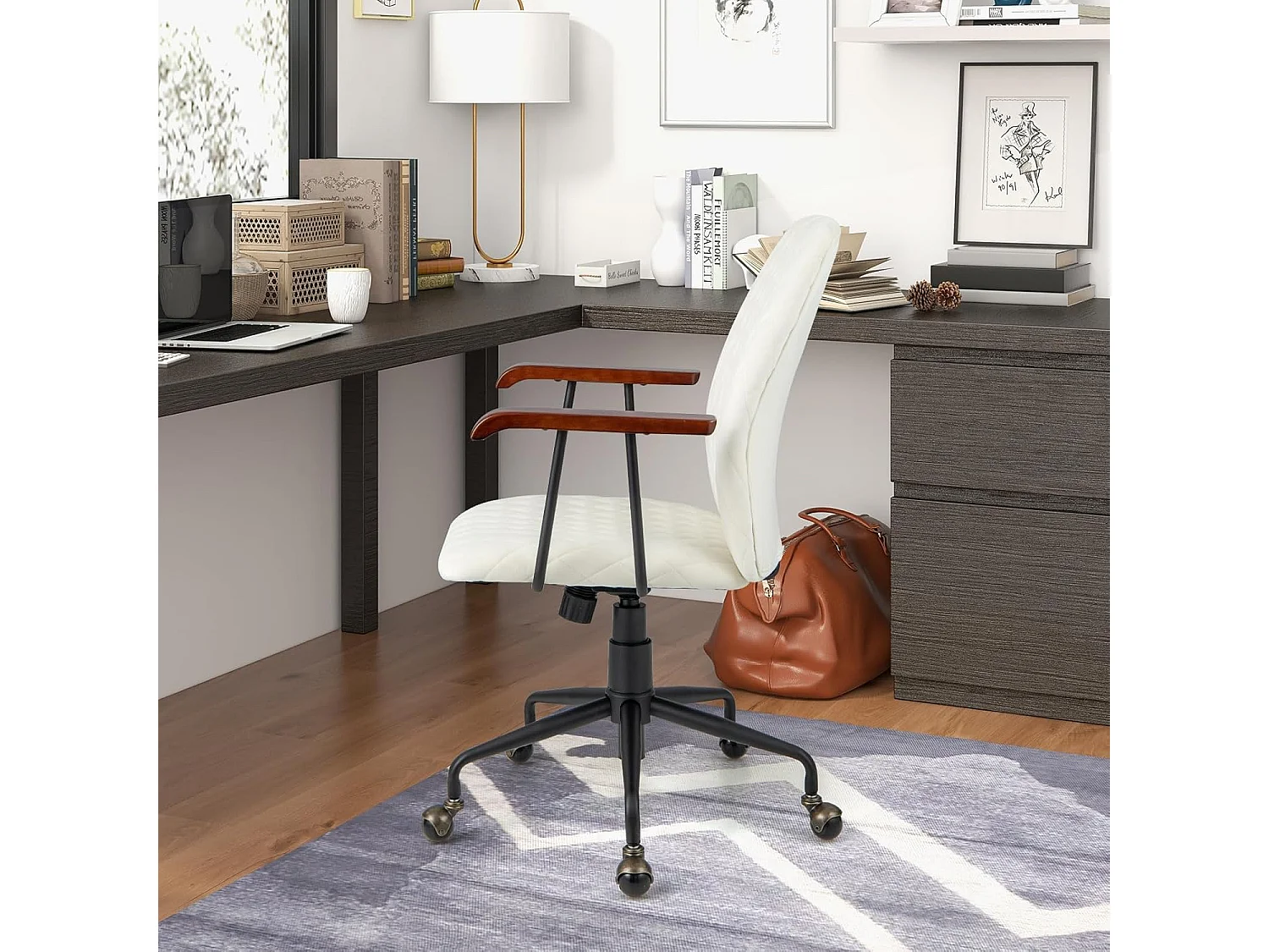 Fluwelen bureaustoel met wielen, verstelbare draaistoel, elegante vintage stijl, armleuningen van rubberhout (beige)