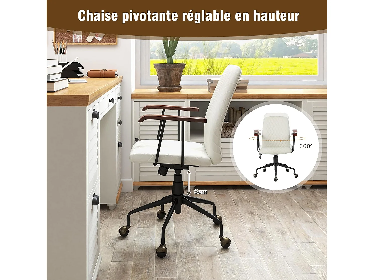 Fluwelen bureaustoel met wielen, verstelbare draaistoel, elegante vintage stijl, armleuningen van rubberhout (beige)