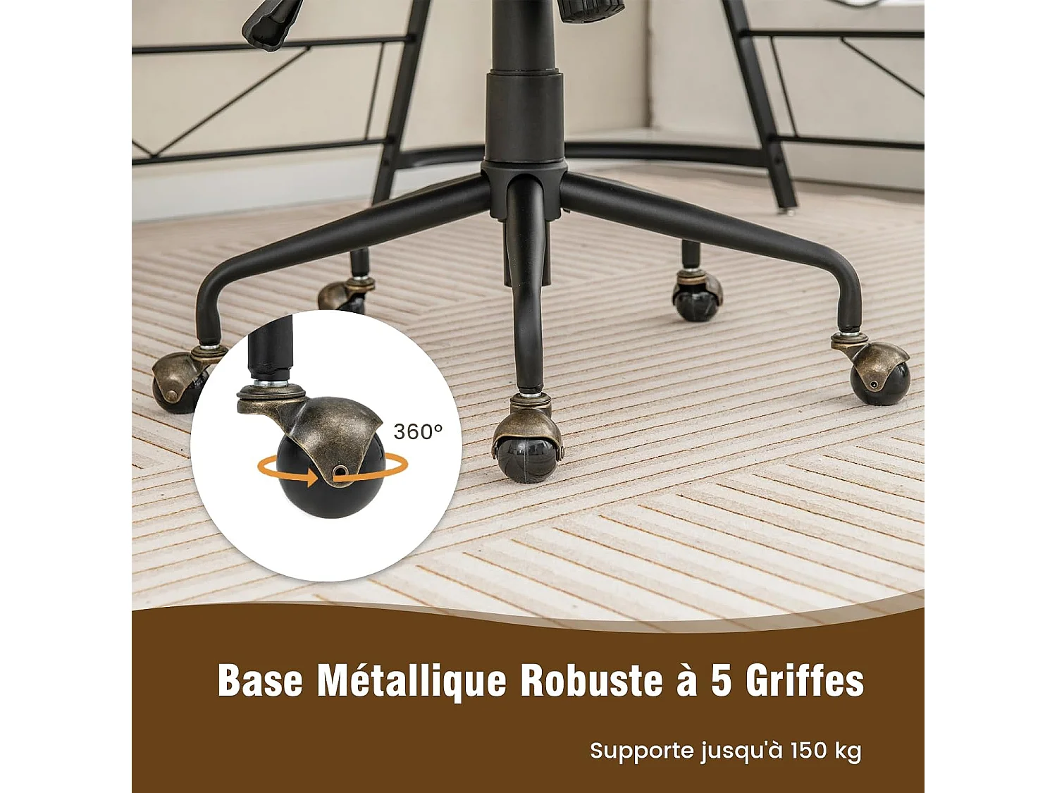 Fluwelen bureaustoel met wielen, verstelbare draaistoel, elegante vintage stijl, armleuningen van rubberhout (beige)