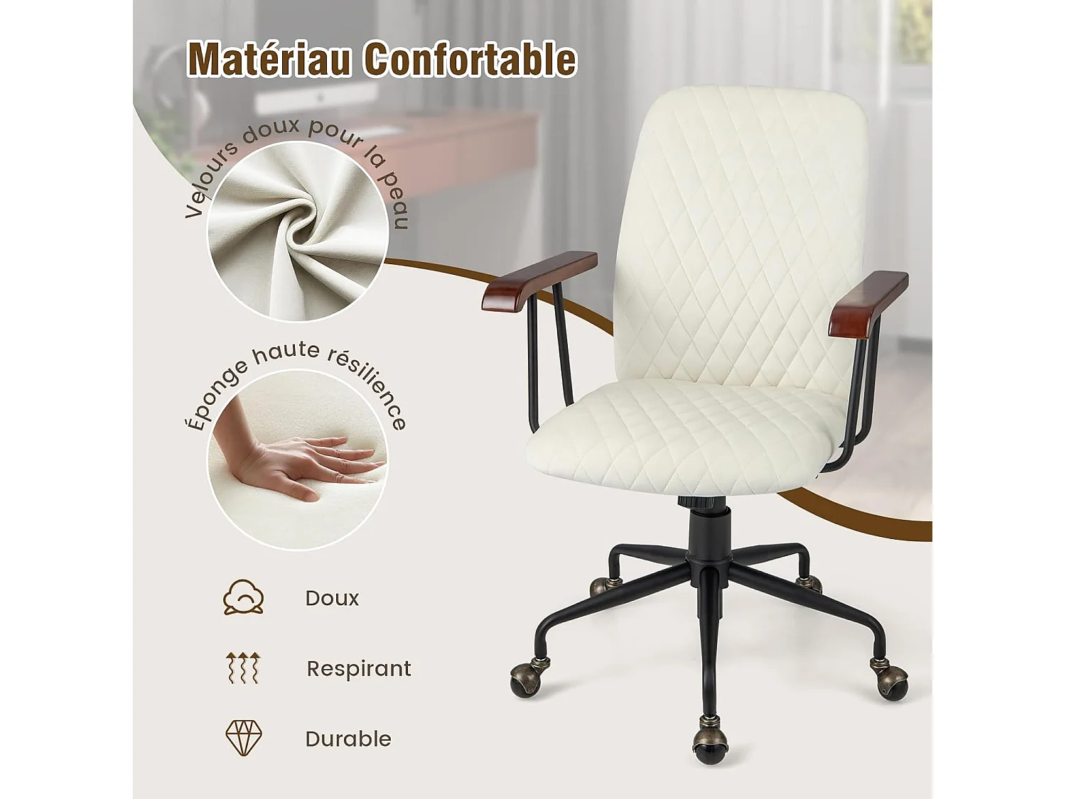 Fluwelen bureaustoel met wielen, verstelbare draaistoel, elegante vintage stijl, armleuningen van rubberhout (beige)