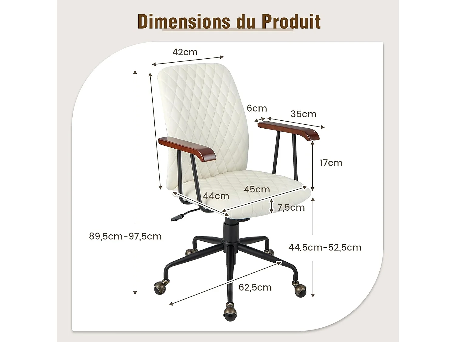 Fluwelen bureaustoel met wielen, verstelbare draaistoel, elegante vintage stijl, armleuningen van rubberhout (beige)