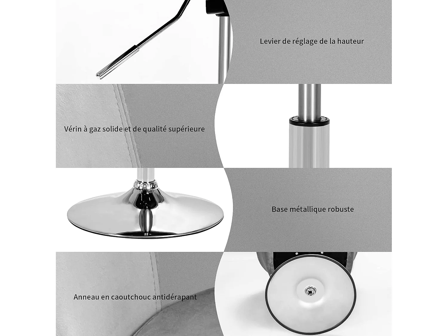 Fluwelen draaistoel, in hoogte verstelbare bureaustoel, gegalvaniseerde basis, belastbaar tot 125 kg, grijs