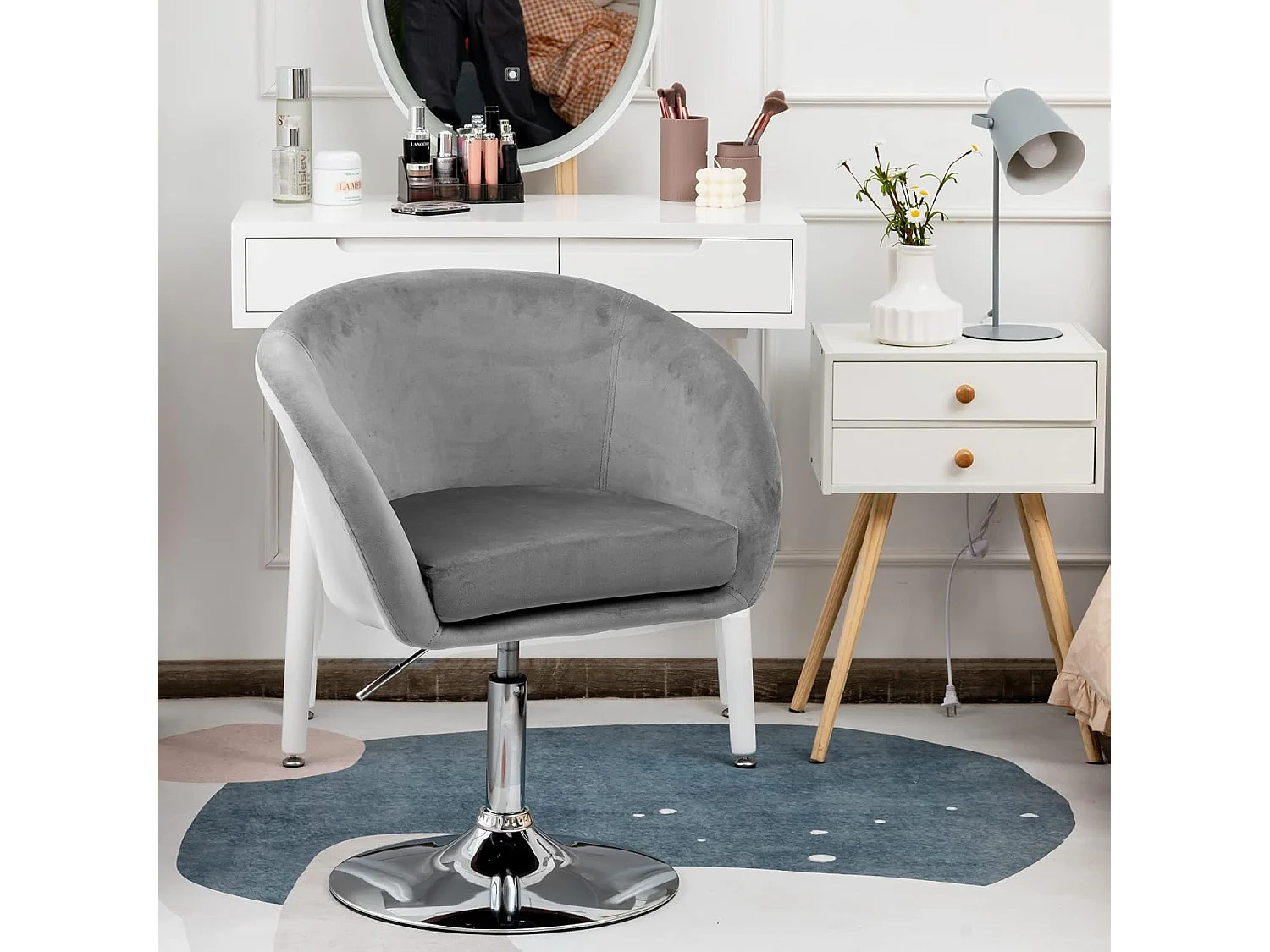 Chaise Pivotante en Velours, Fauteuil de Bureau réglable en Hauteur, Base Galvanisée Charge 125kg Gris