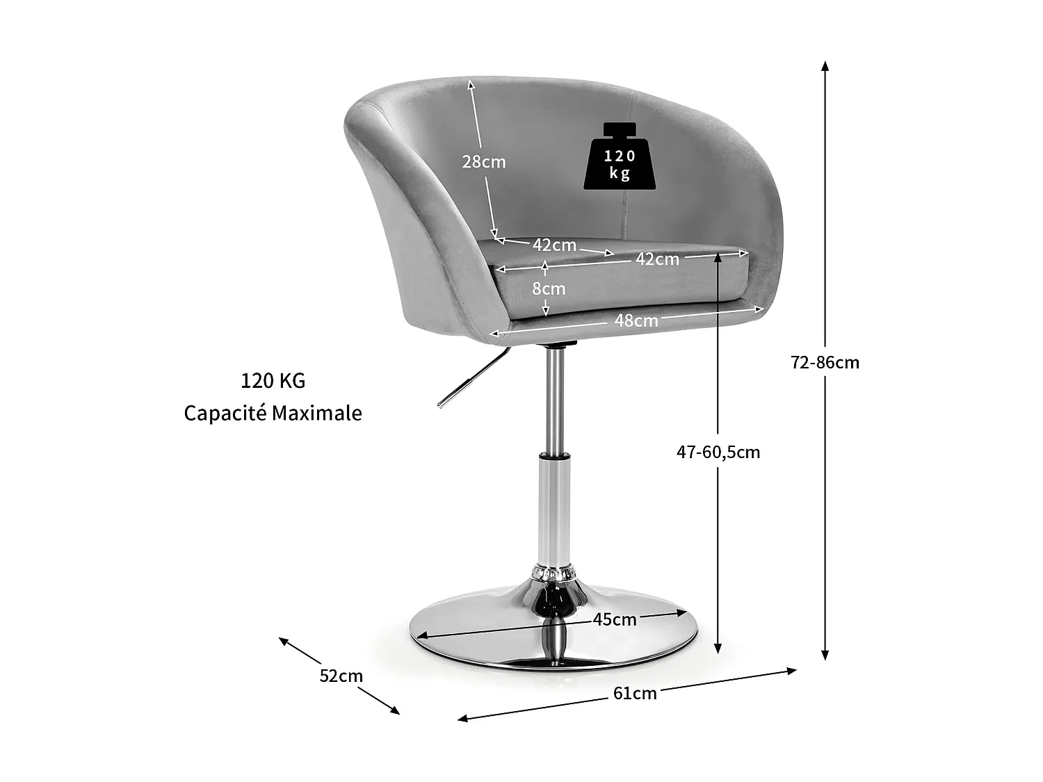 Chaise Pivotante en Velours, Fauteuil de Bureau réglable en Hauteur, Base Galvanisée Charge 125kg Gris